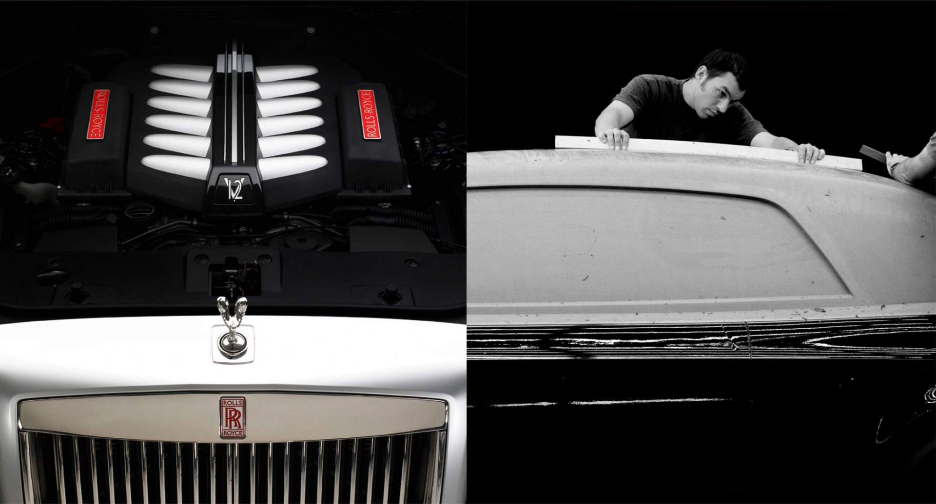 An image split in two halves. The left half shows the open engine of a Rolls-Royce motor car. The right half shows a craftsman working on a car at Goodwood.