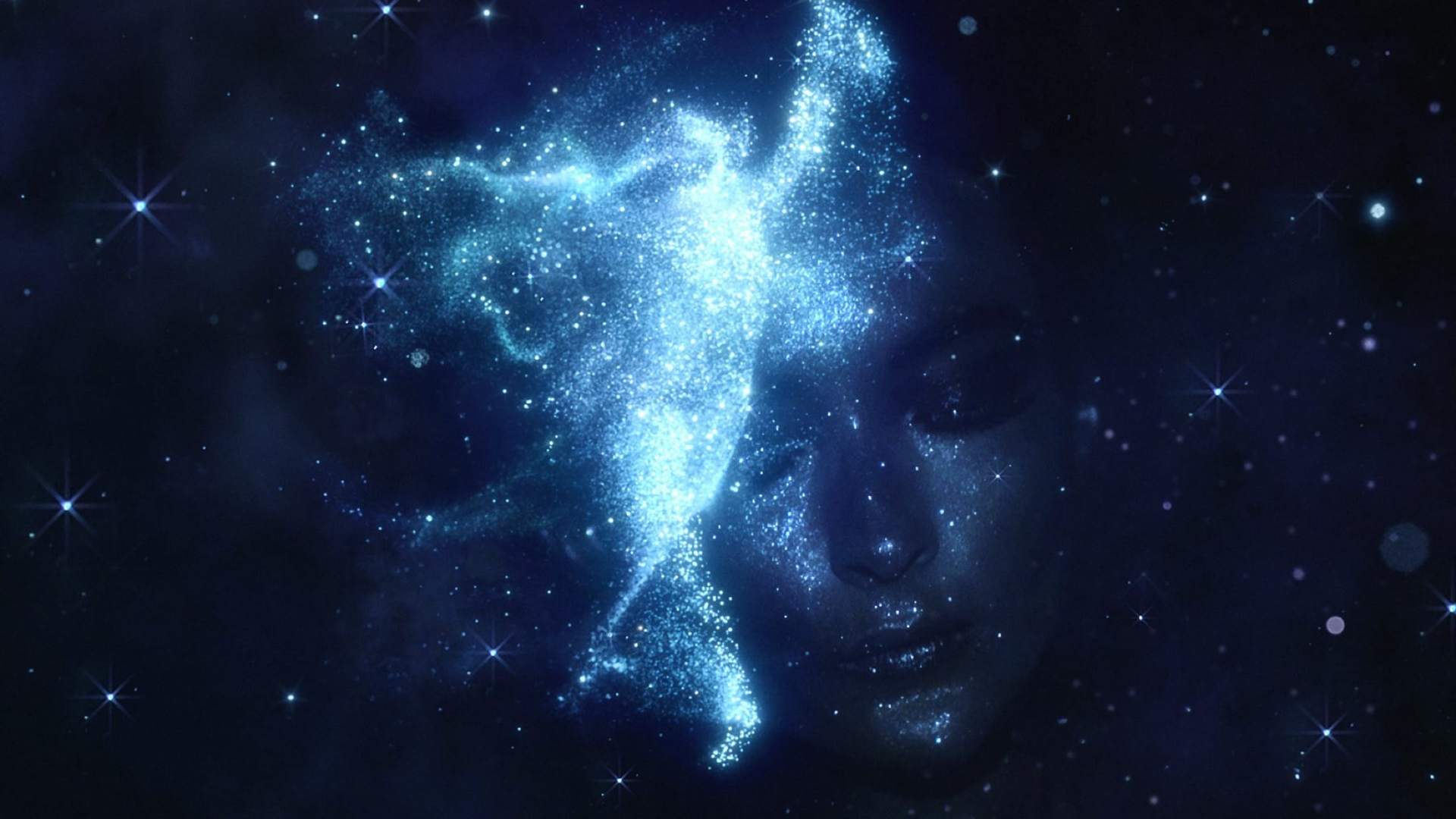 Fairy formed of stars and woman's face in night sky 