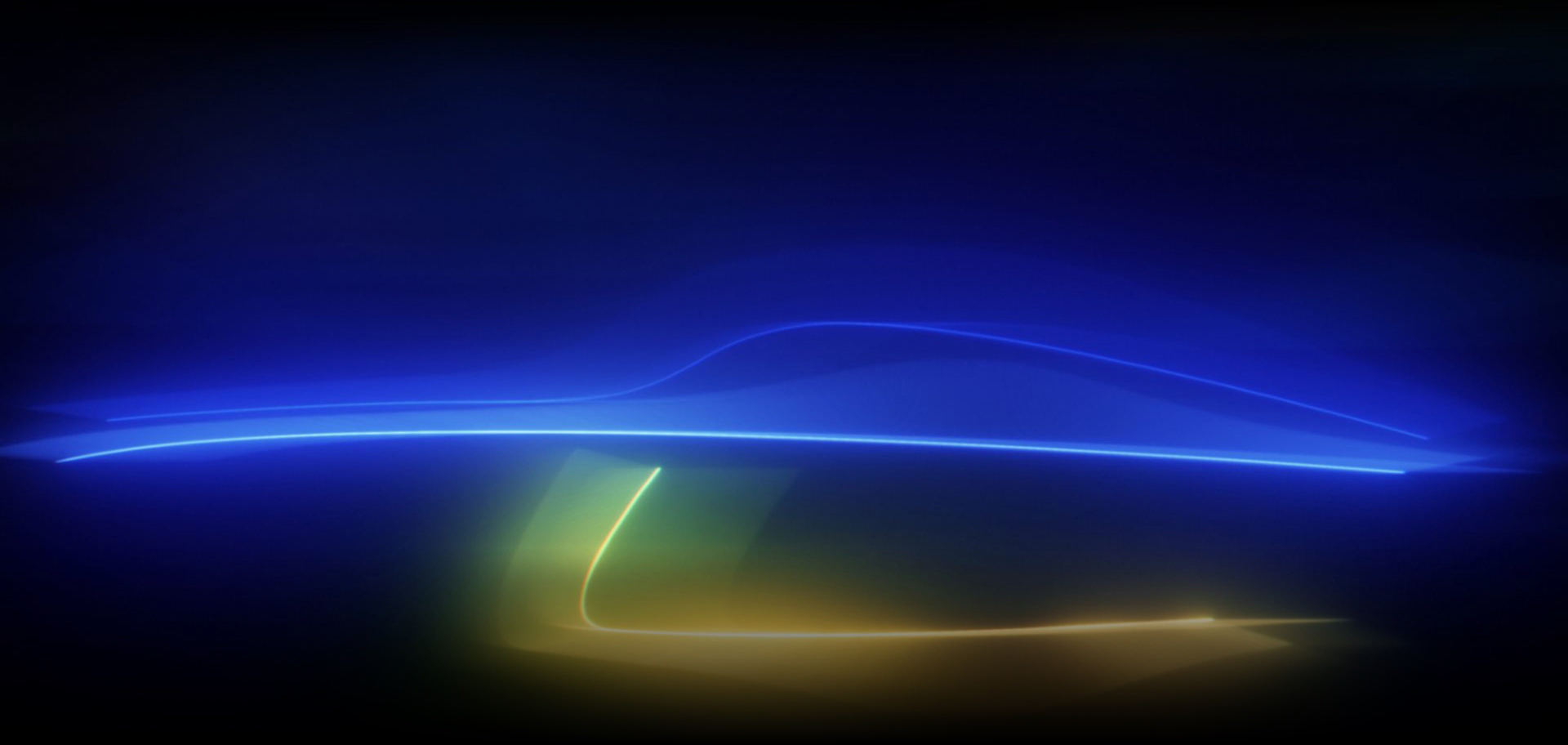 A blue, green and yellow strobe light forms the silhouette of a visionary Rolls-Royce