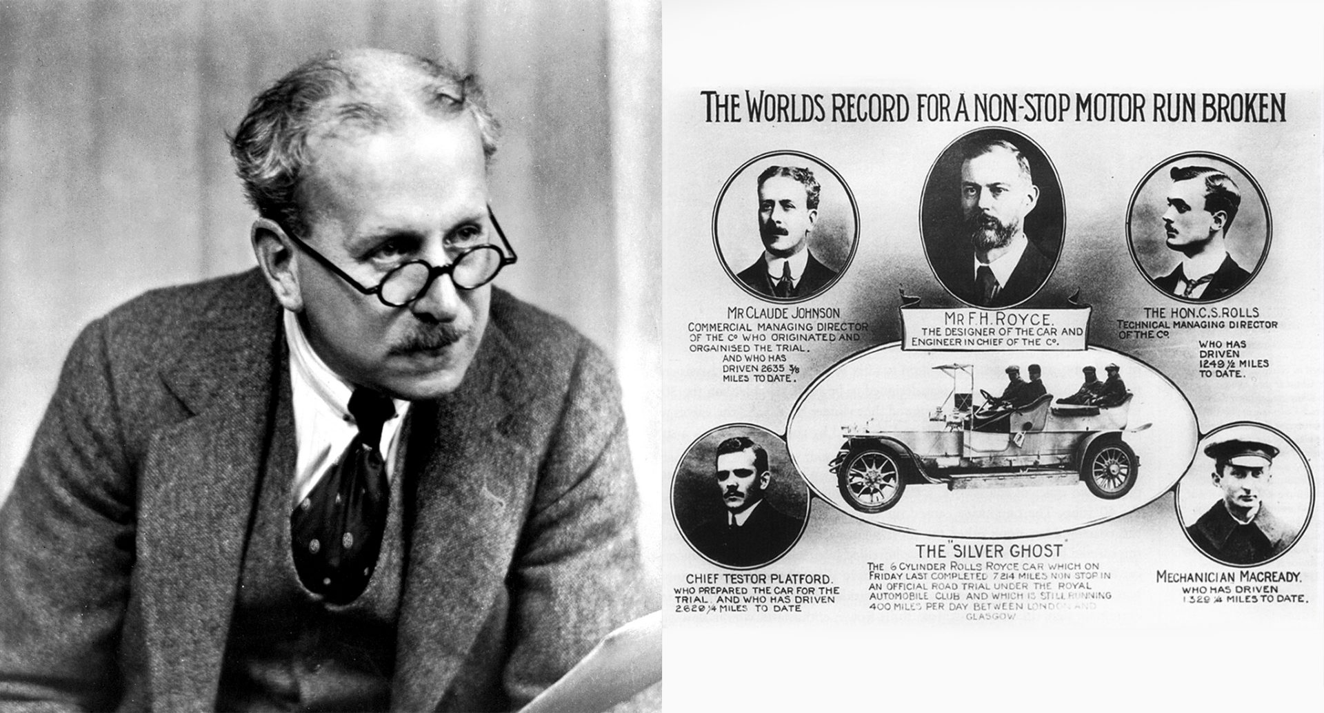 Archive photographs of Claude Johnson and an early promotional advert for Rolls-Royce