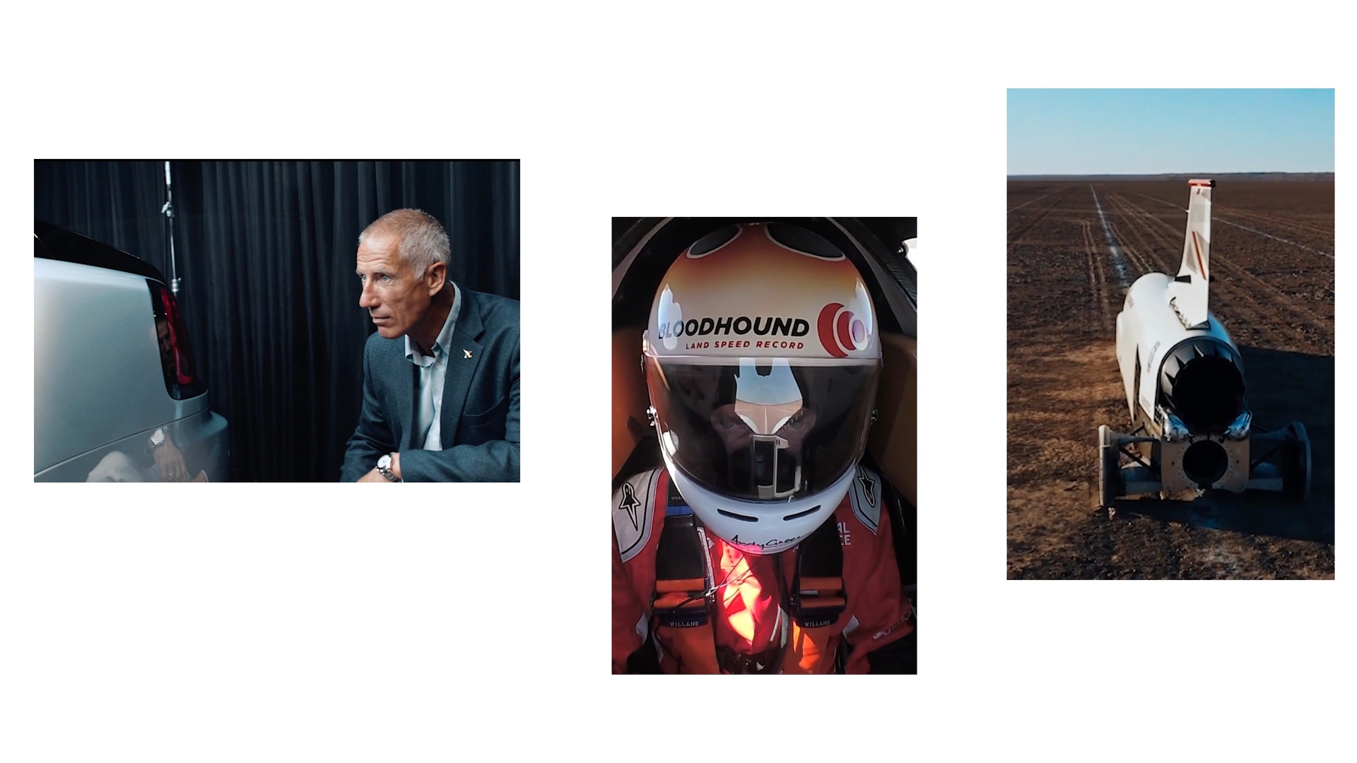 Collage of Andy Green reviewing the Wraith Landspeed Collection car, and on the salt flats driving as the current land-speed record holder
