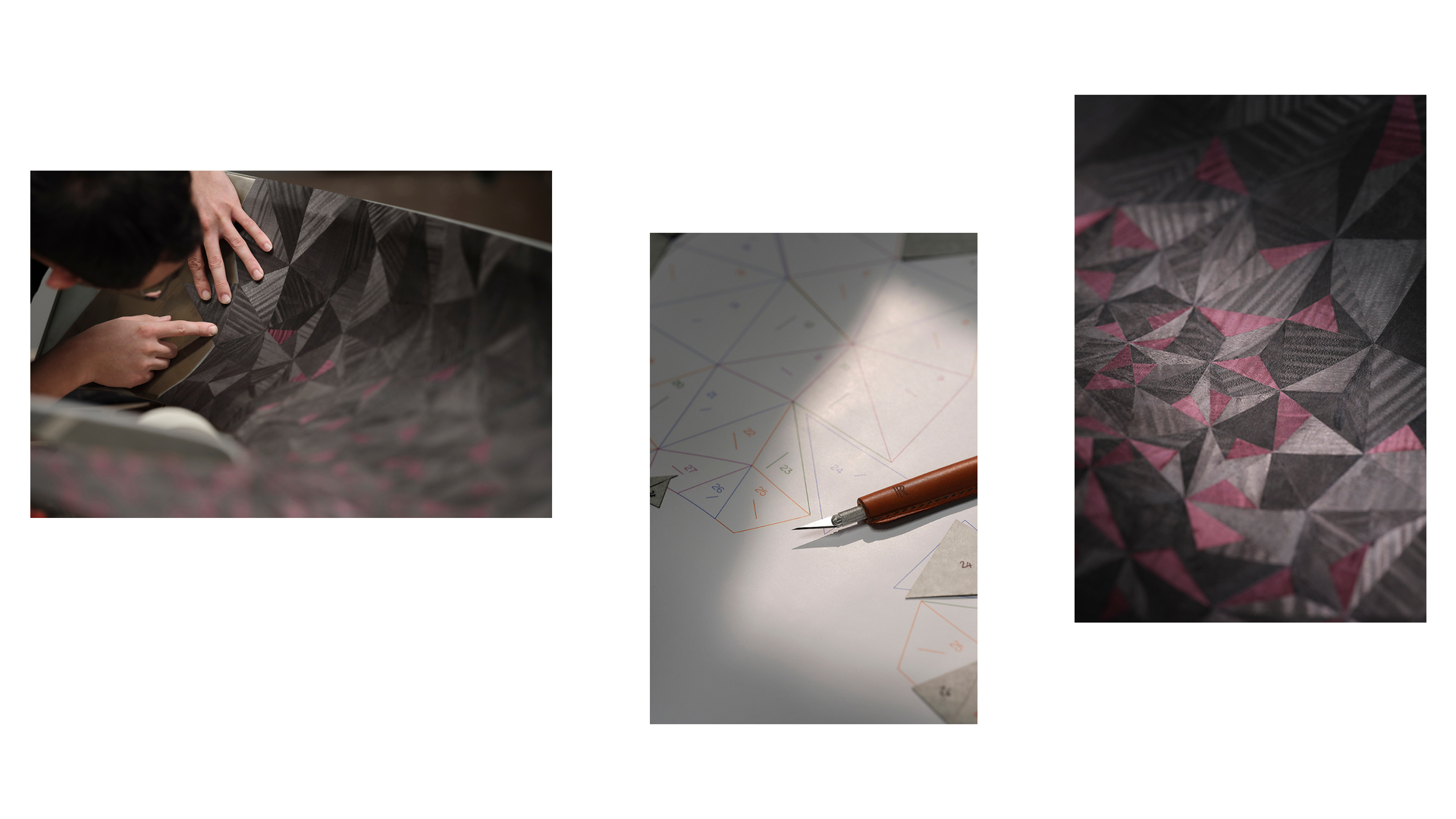 Rolls-Royce wood specialist placing segment of Black Sycamore veneer and Rolls-Royce Coachbuild Black Sycamore Veneer and a crafting knife on design blueprint.