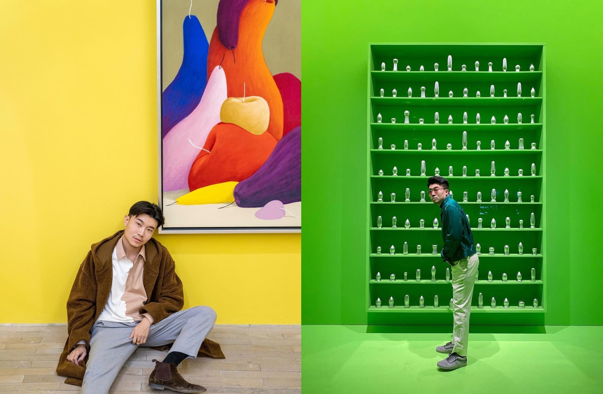 Diptych of Michael in front of art objects