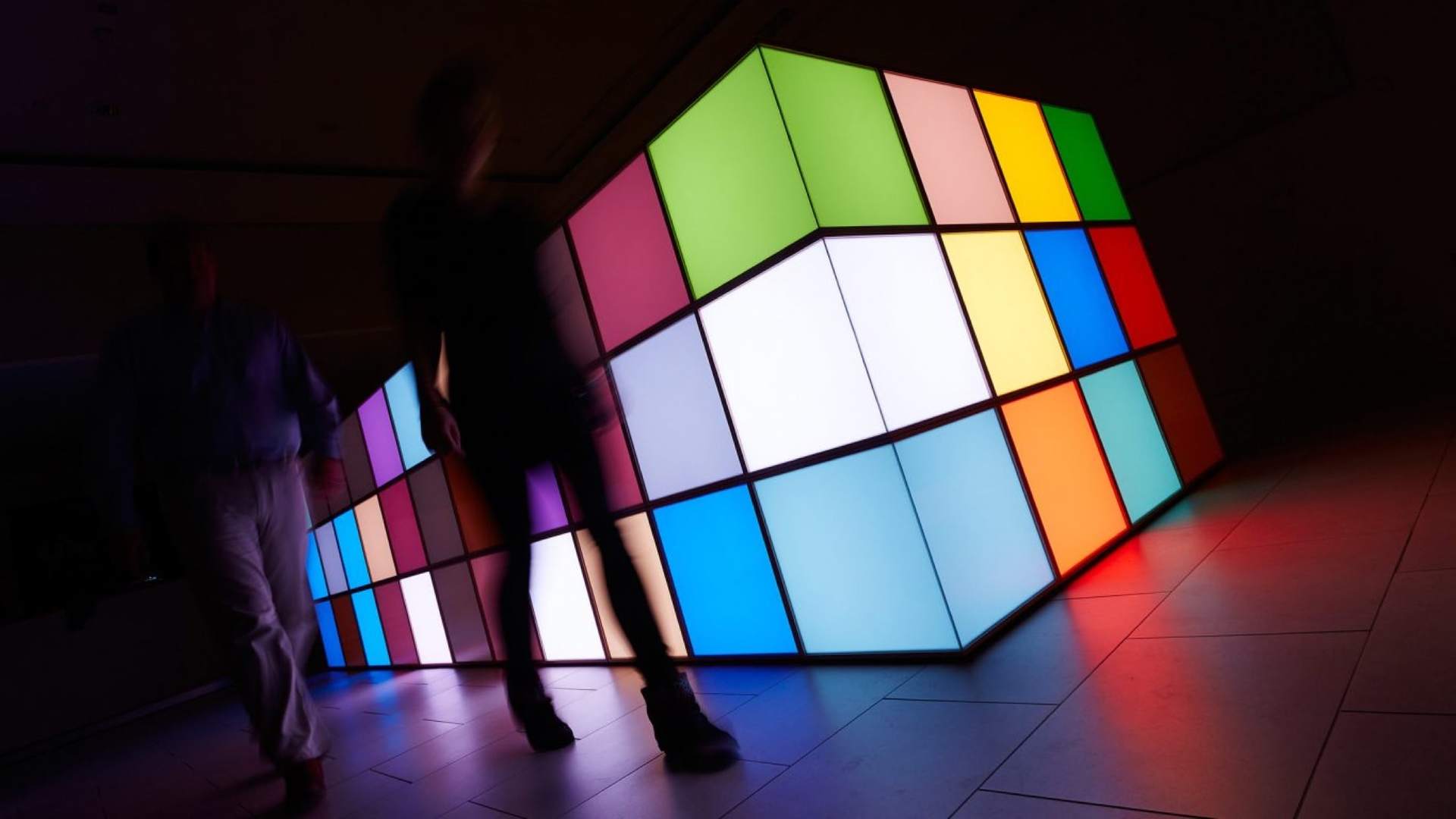 A piece of artwork from Angela Bulloch's collection. A colour changing ‘pixel box’ that mimics the proportions of Rolls-Royce Phantom and explores the relationship between art, technology and craftsmanship