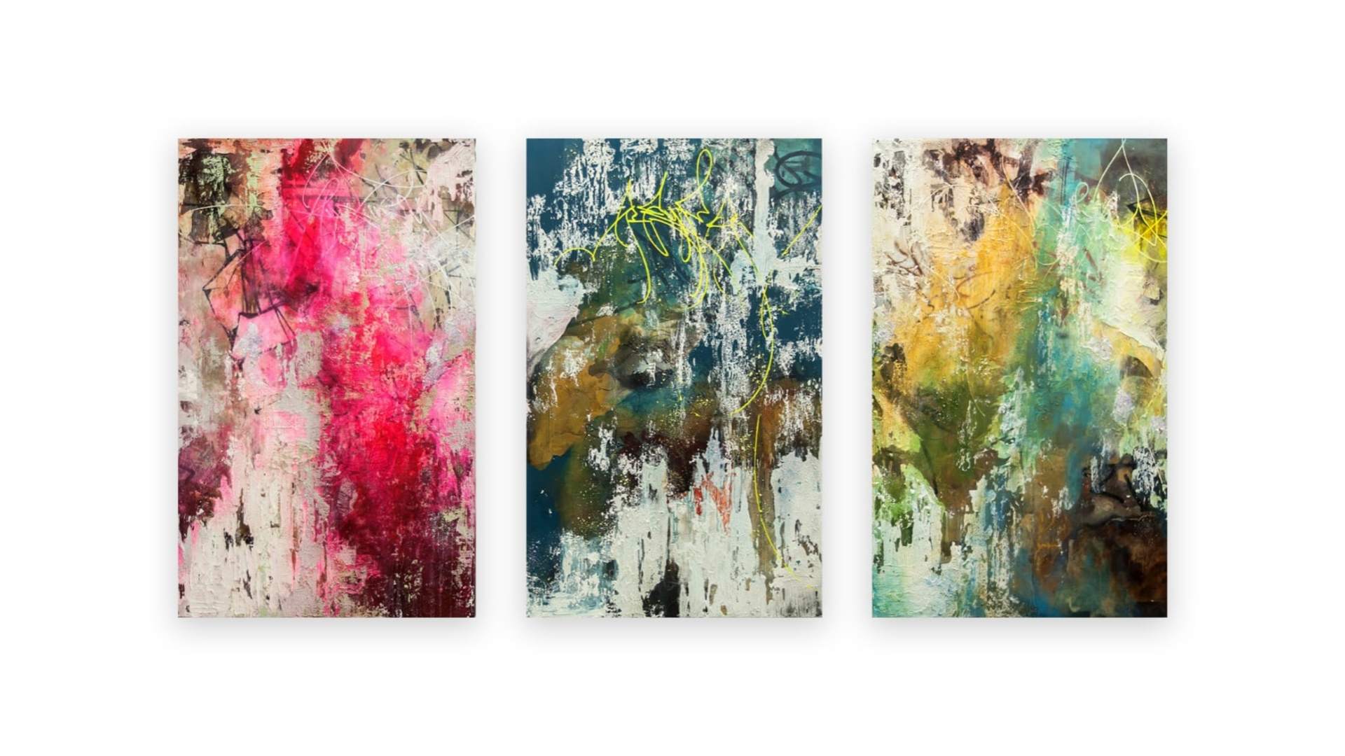 Three of the pieces from José Parlá's installation 'Roots'. The three paintings experiment with different painting techniques, colours and an abstract calligraphy