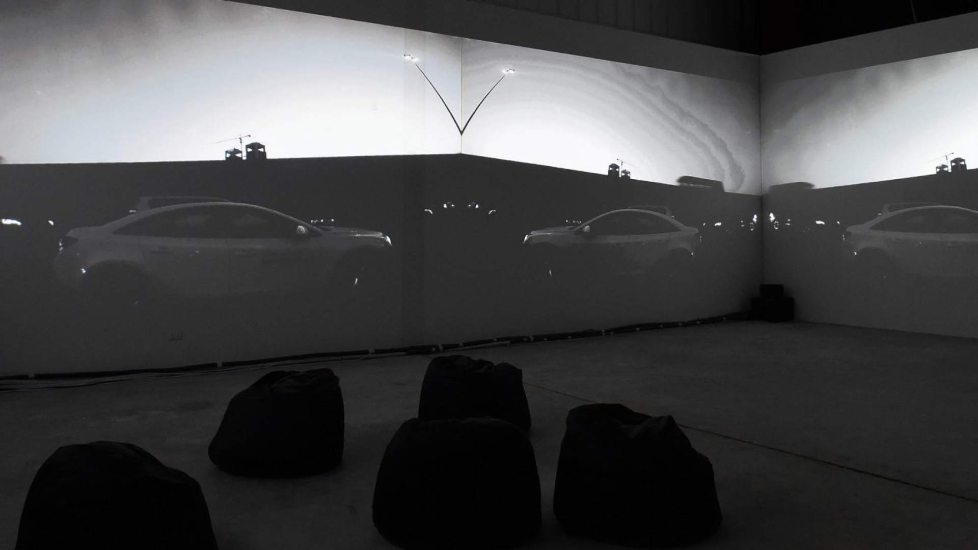 Manal Al Dowayan's installation titled I Had No Wings. His installation portrays a collection of photographs captured from the rear compartment of a car driving me around the streets of a city in Saudi Arabia