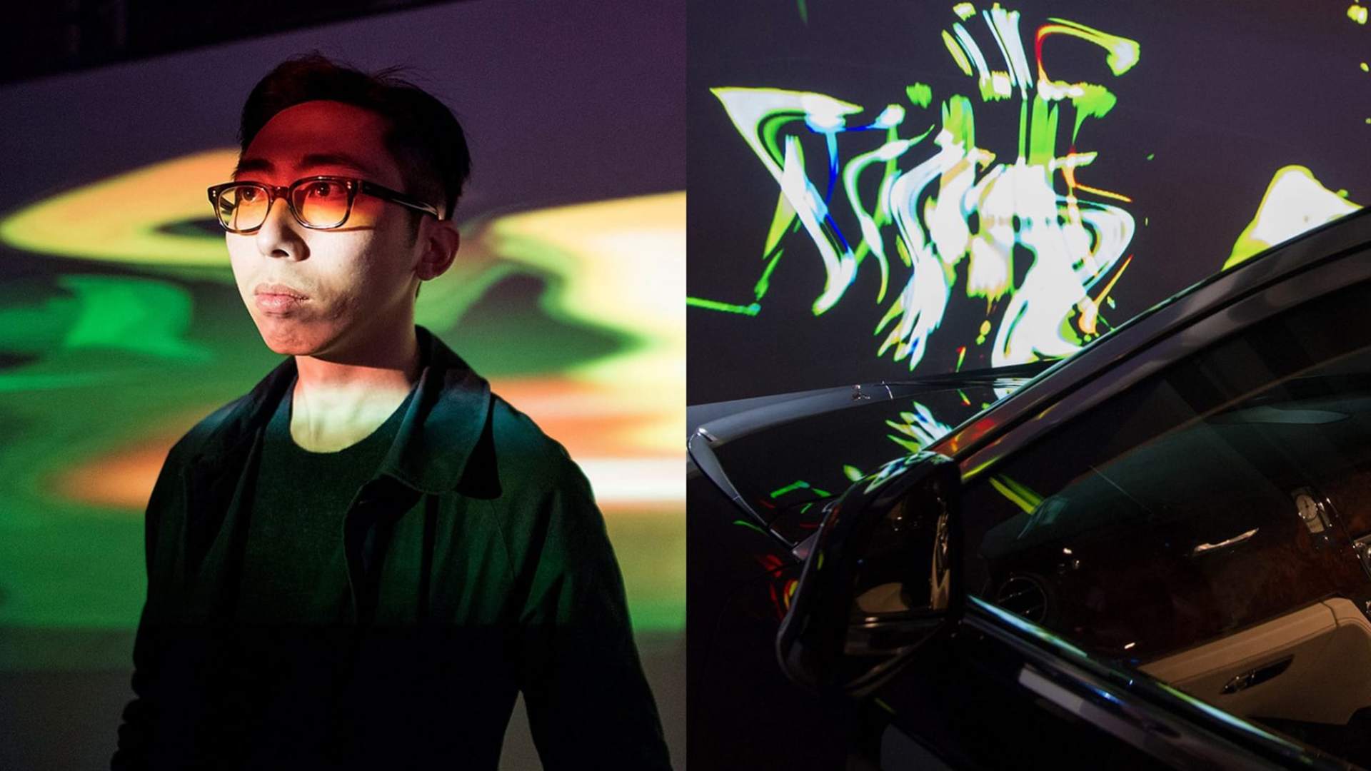 Morgan Wong standing in front of one of his art pieces. His work combines abstract video, archive materials and a narration by a fictional character