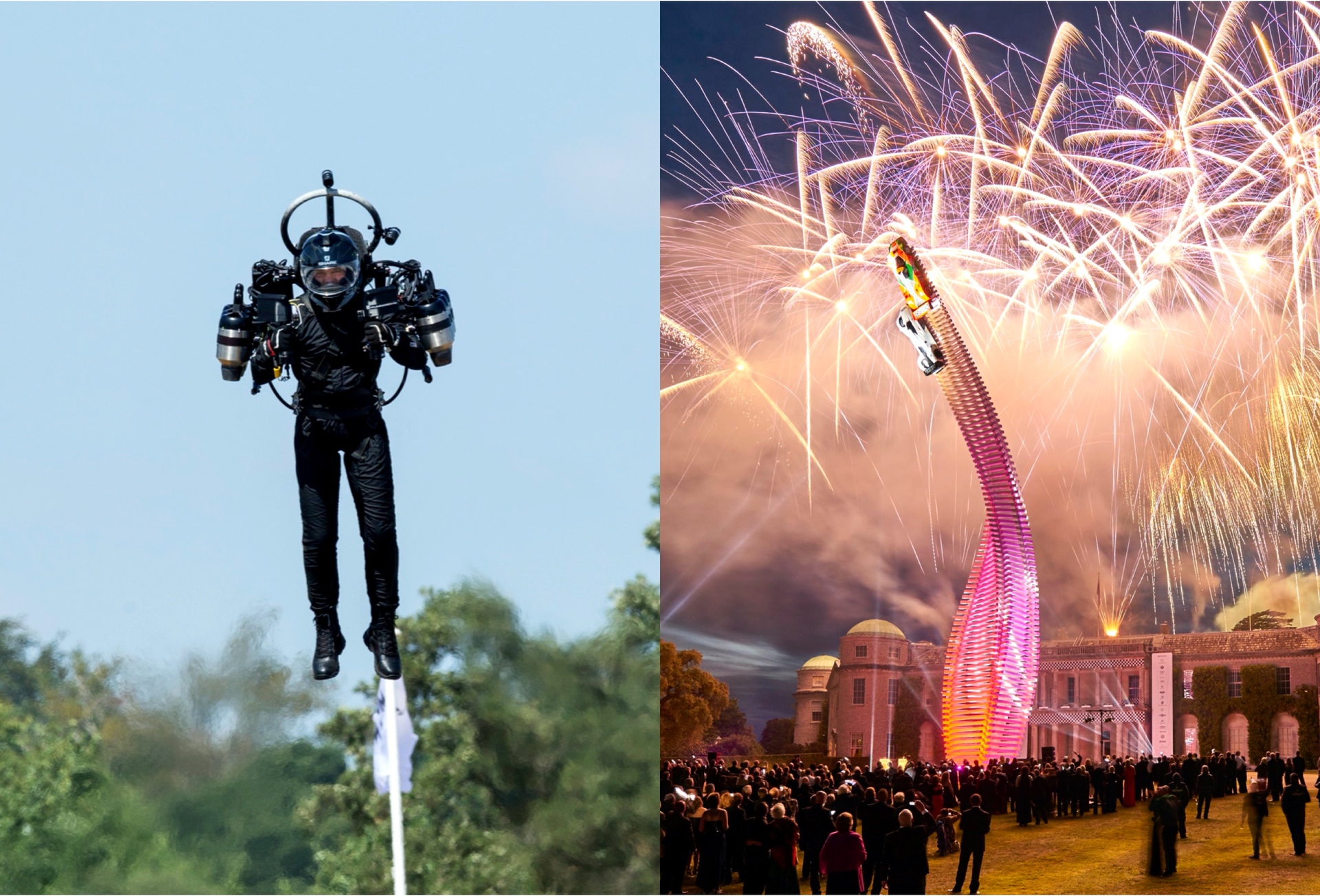 Flying Man on the left and fire works on the right