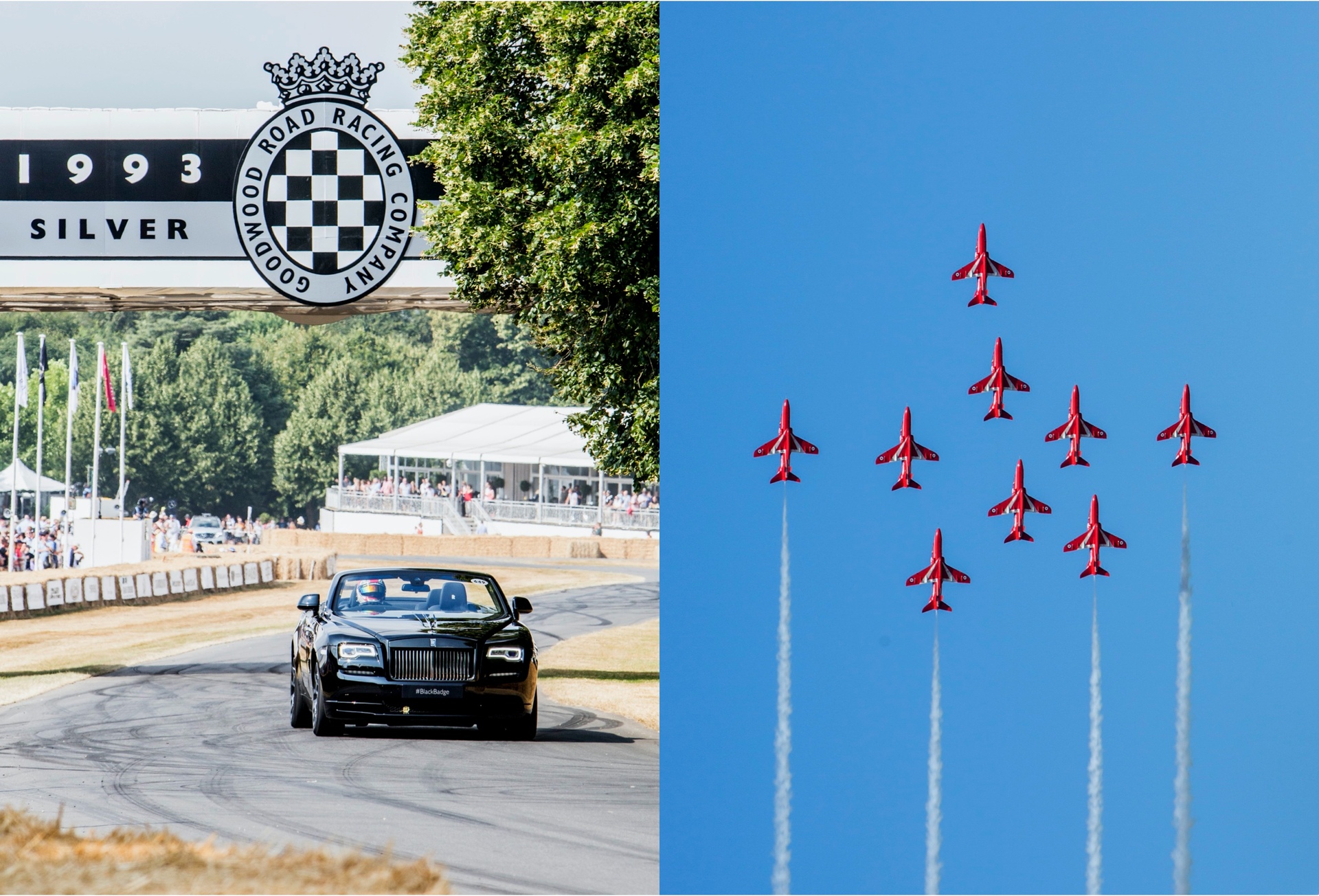 on the left Black badge Dawn Racing on the right planes on blue sky 