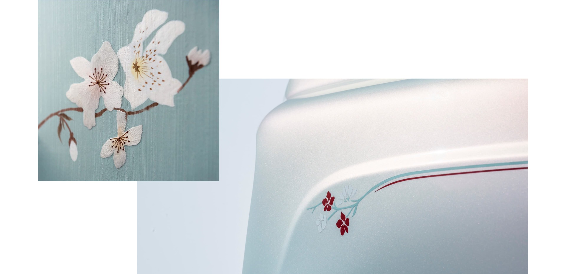 Interior shots of Rolls-Royce Phantom with cherry blossom embroidery, inspired by Serenity Textile Maven