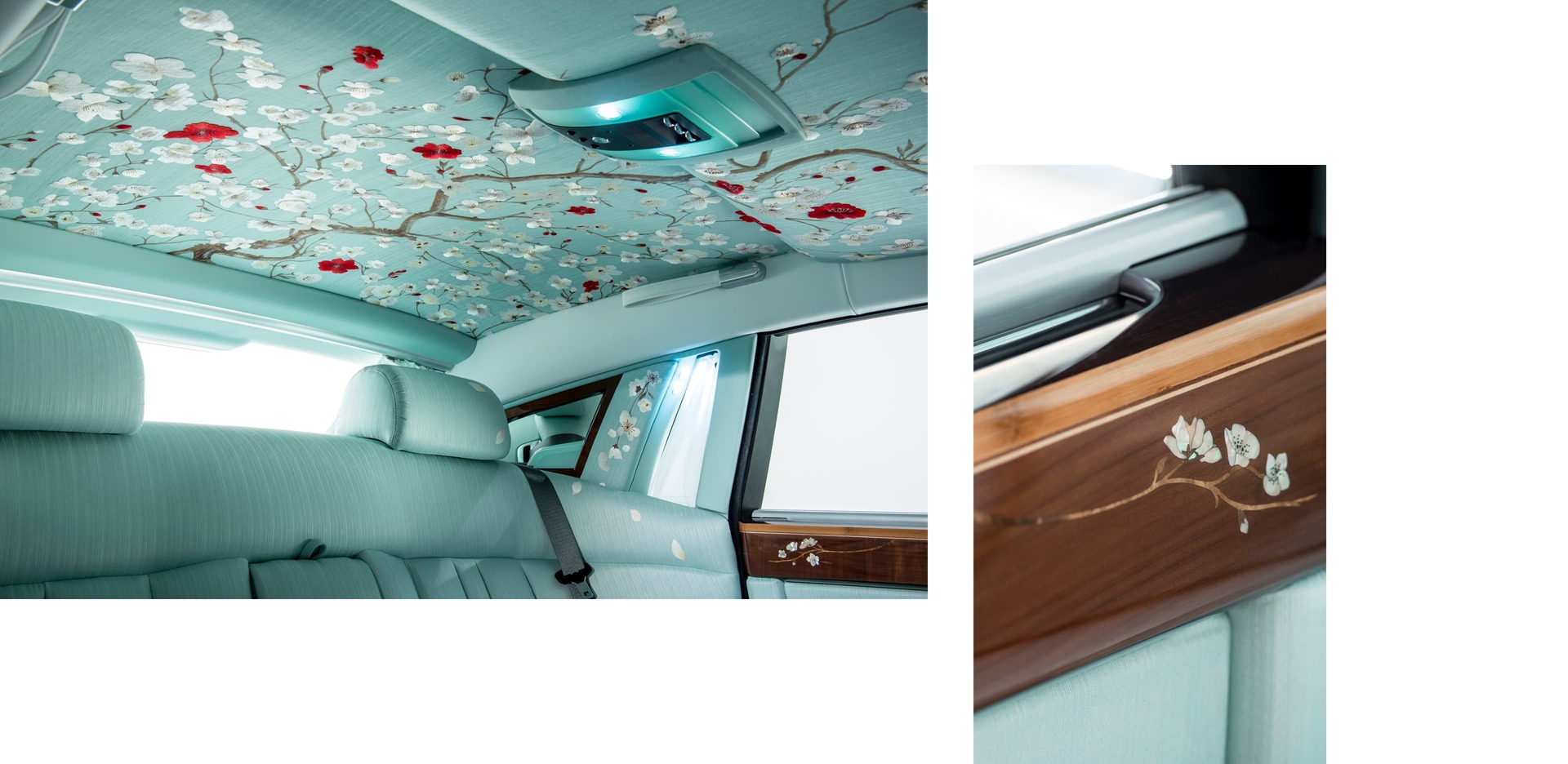 Interior shots of Rolls-Royce Phantom with cherry blossom embroidery, inspired by Serenity Textile Maven