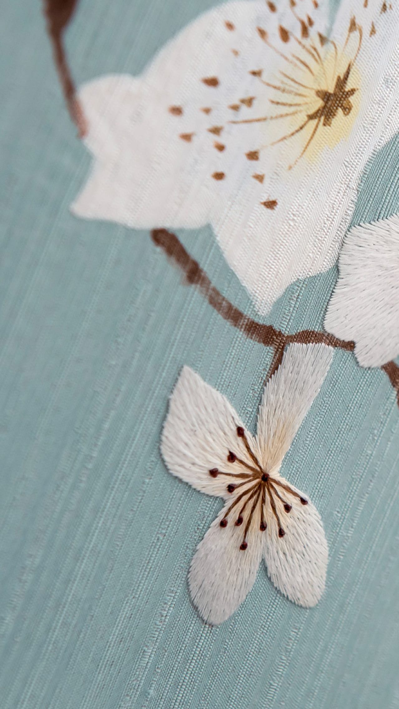 最高級のチャイニーズ・シルクに包まれ、手書きの桜のモチーフで刺繍されたアイコンの芸術性の全てをご覧ください。