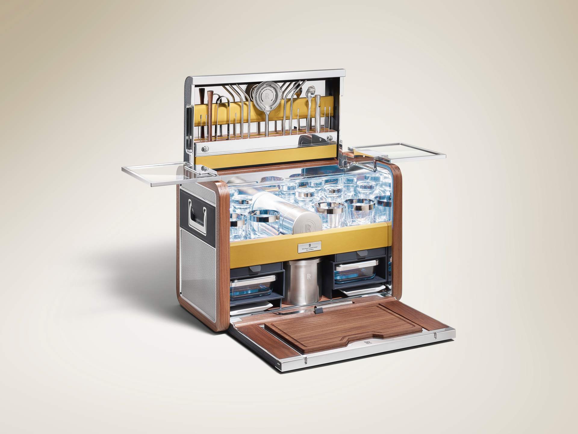 The Rolls-Royce Cocktail Hamper, accessorised with everything needed to create and enjoy your favourite cocktails