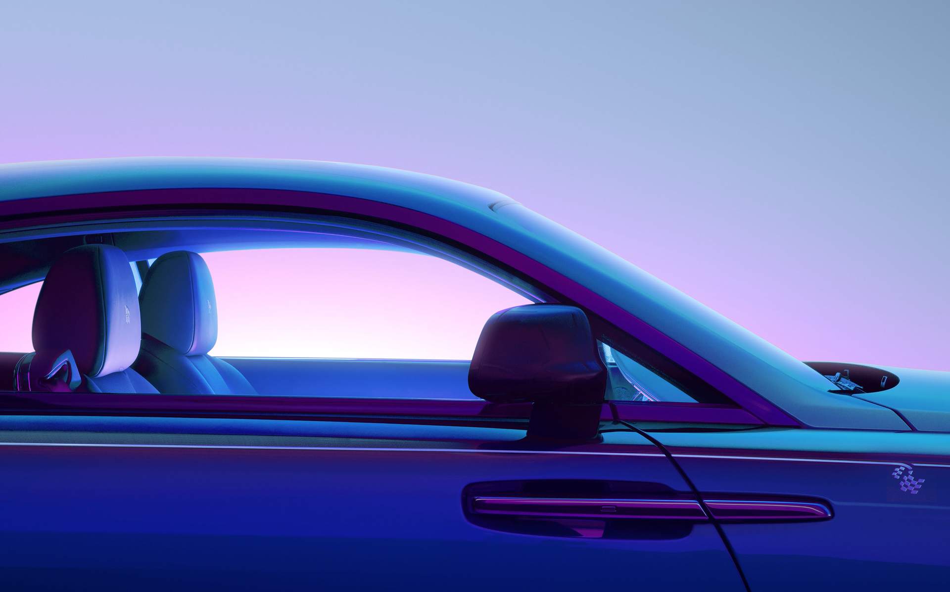 External side view of a Rolls-Royce motor car under lighting to accentuate the signature colour palette of Technical Weave