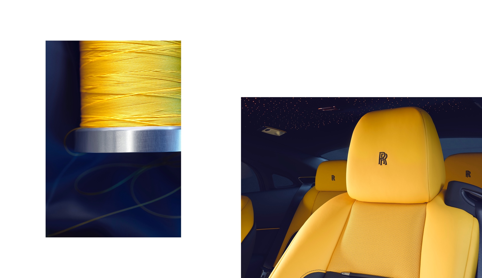 Interior of Rolls-Royce motor car with bespoke leather alongside image of colour-matched thread