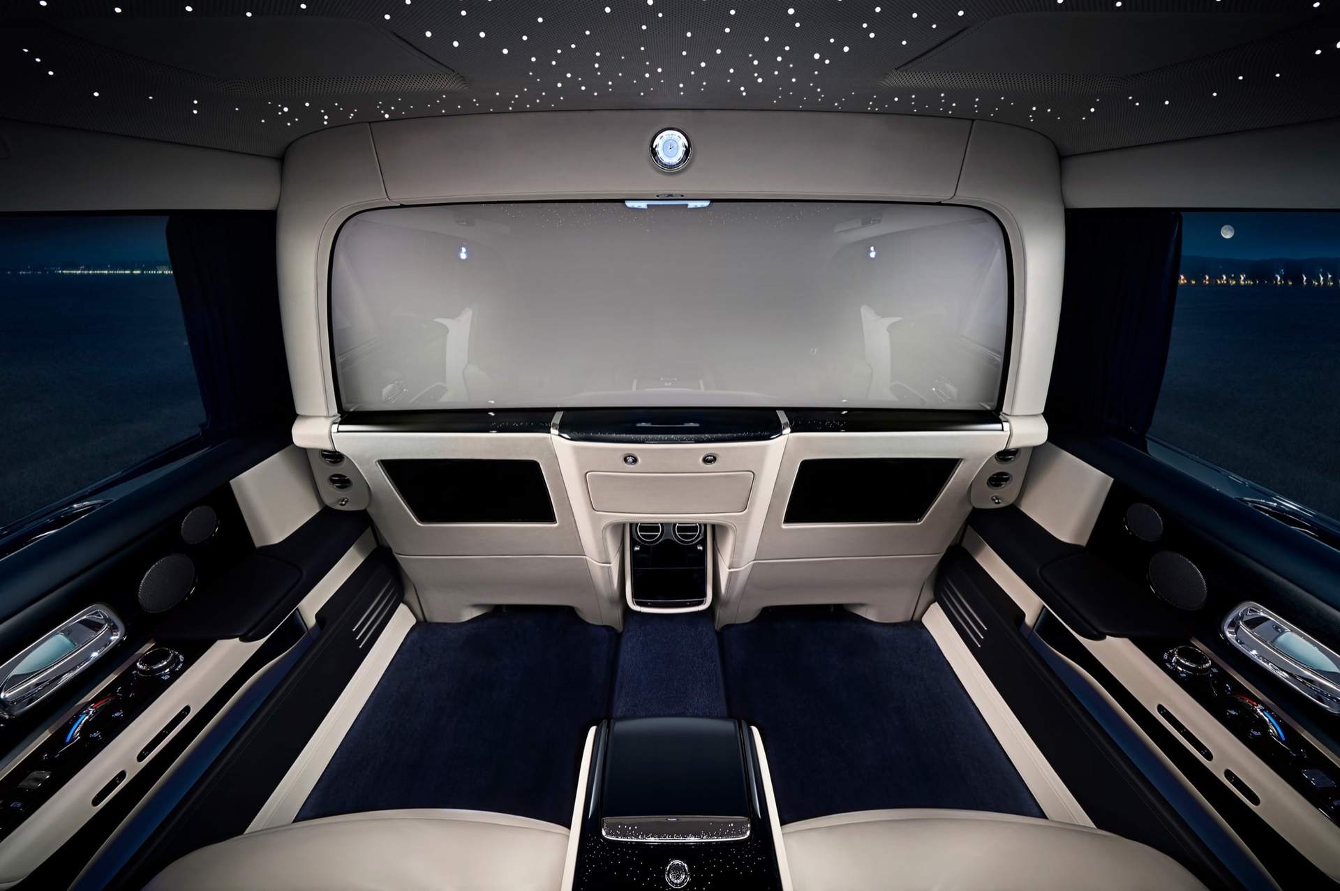 Interior of the Privacy Suite, which marries the exceptional rear seat comfort of the Rolls-Royce Phantom Extended motor car with the indulgence of an entirely isolated rear cabin