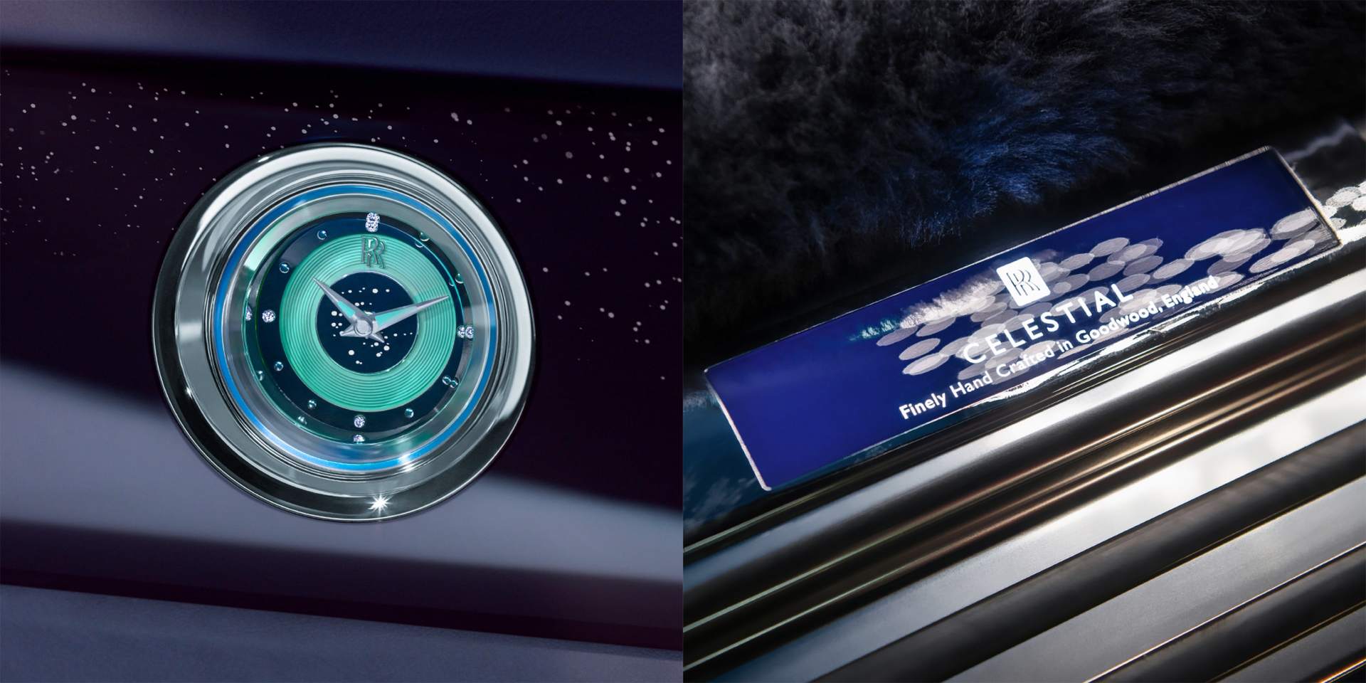 A close up of interior details in the one of a kind Celestial Phantom, including the clock set with four diamonds.