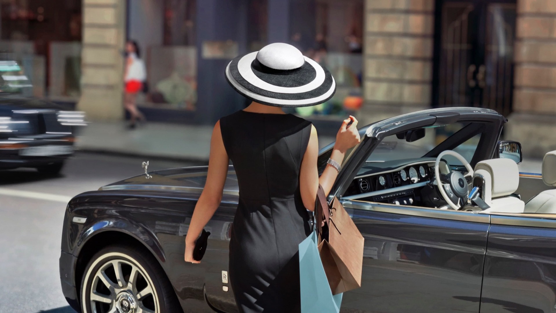 Stylish female in a Rachel Trevor Morgan hat approaches a Rolls-Royce Dawn with Pinstripe tyres