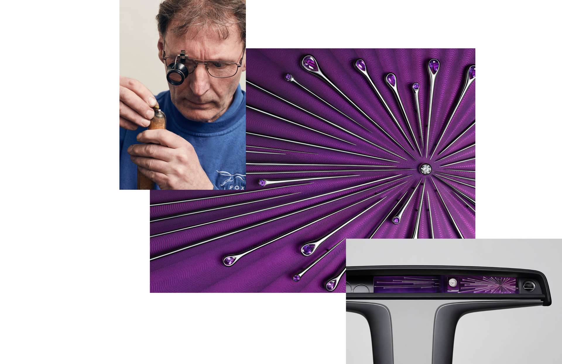 プラチナの中にダイヤモンド１つ、それをアメジストの付いたシルバーのスターバーストで囲んだコンセプトのPHANTOMギャラリー「Astrum」。アレックス・イネス氏のデザイン