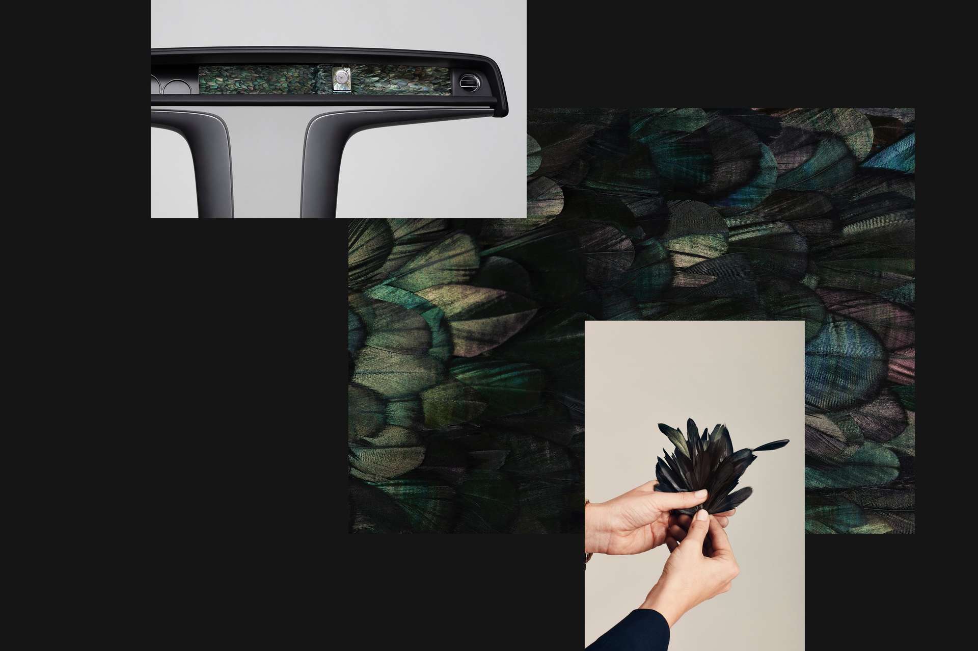 スイス製素材のスペシャリスト、ネイチャー・スクエアードのビスポーク作品。3,000枚以上の虹色の尾羽が特徴