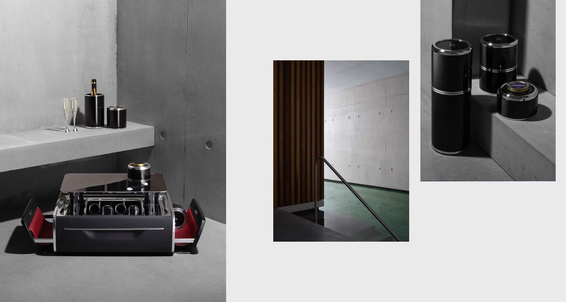 A series of images ranging from the champagne chest and the champagne thermal coolers and the hand-blown crystal aluminium flutes