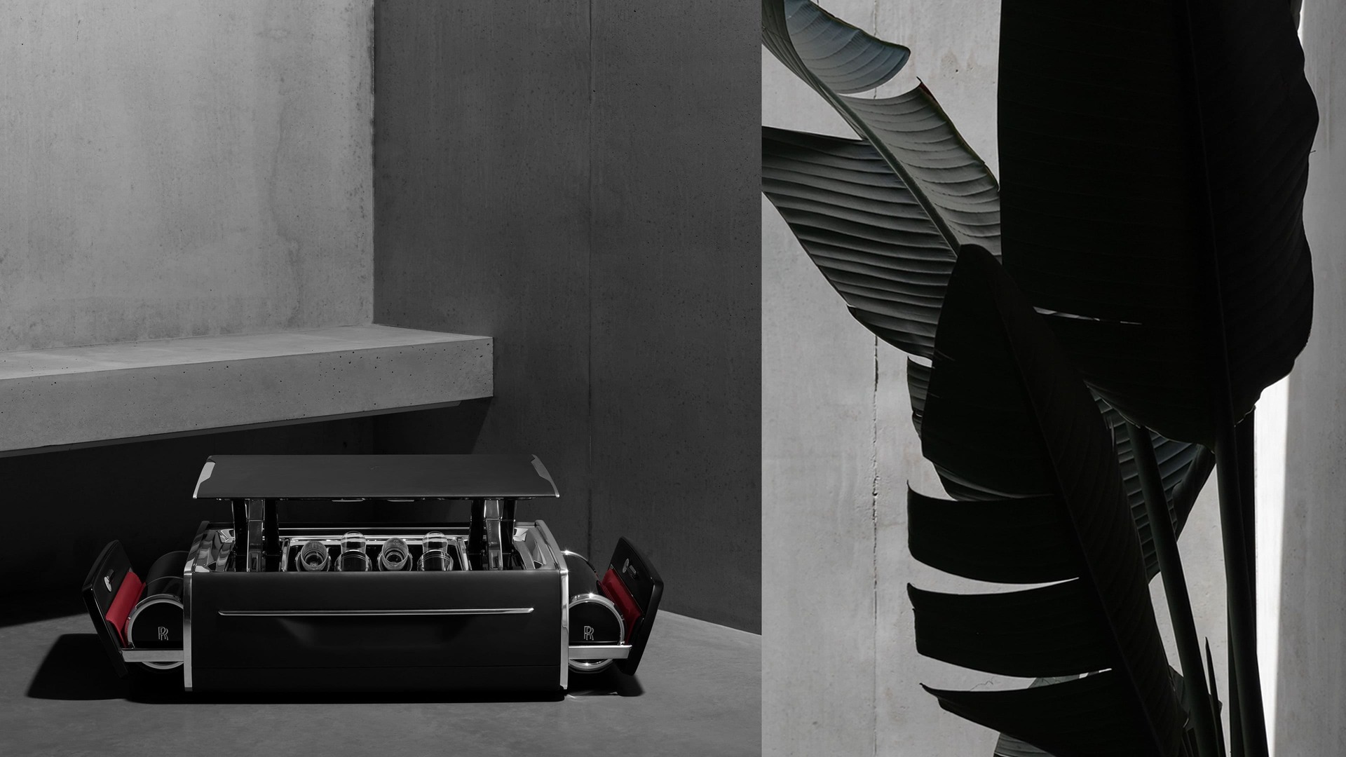 The Rolls-Royce Champagne Chest. The chest open to reveal a perfect set for four.
