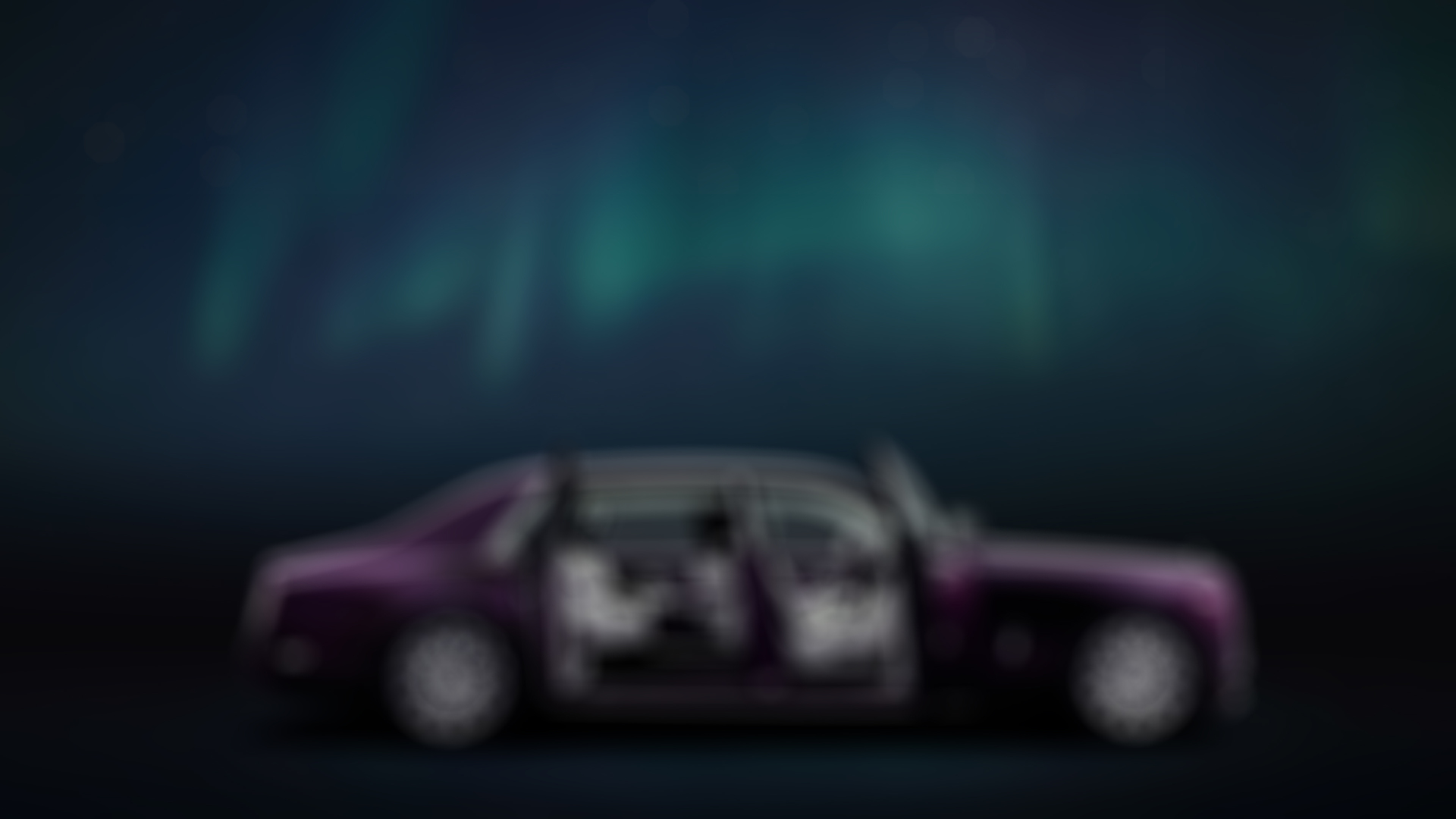 Side exterior view of the Rolls-Royce Phantom motor car with doors open with Aurora and night sky above