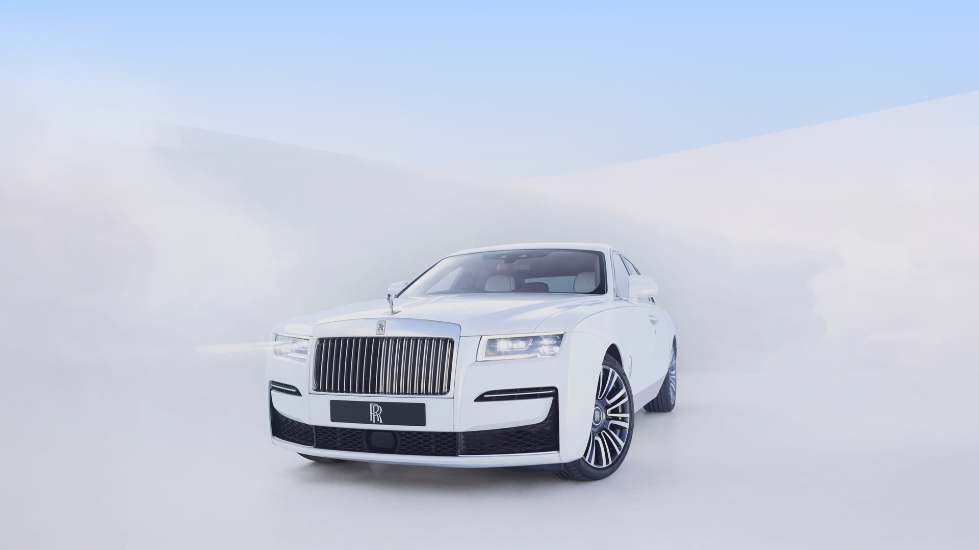 Front hero image of white Rolls-Royce Ghost motor car