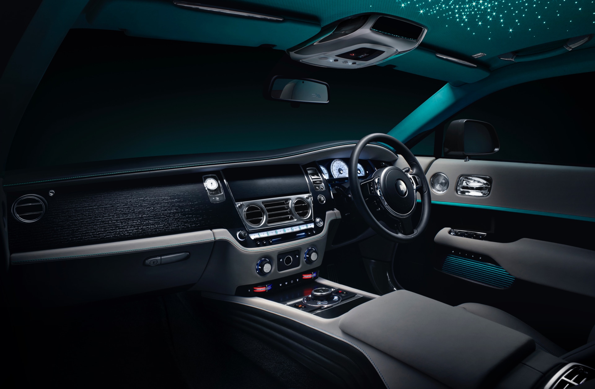 Interior, dashboard and steering wheel of the Rolls-Royce Wraith Kryptos motor car