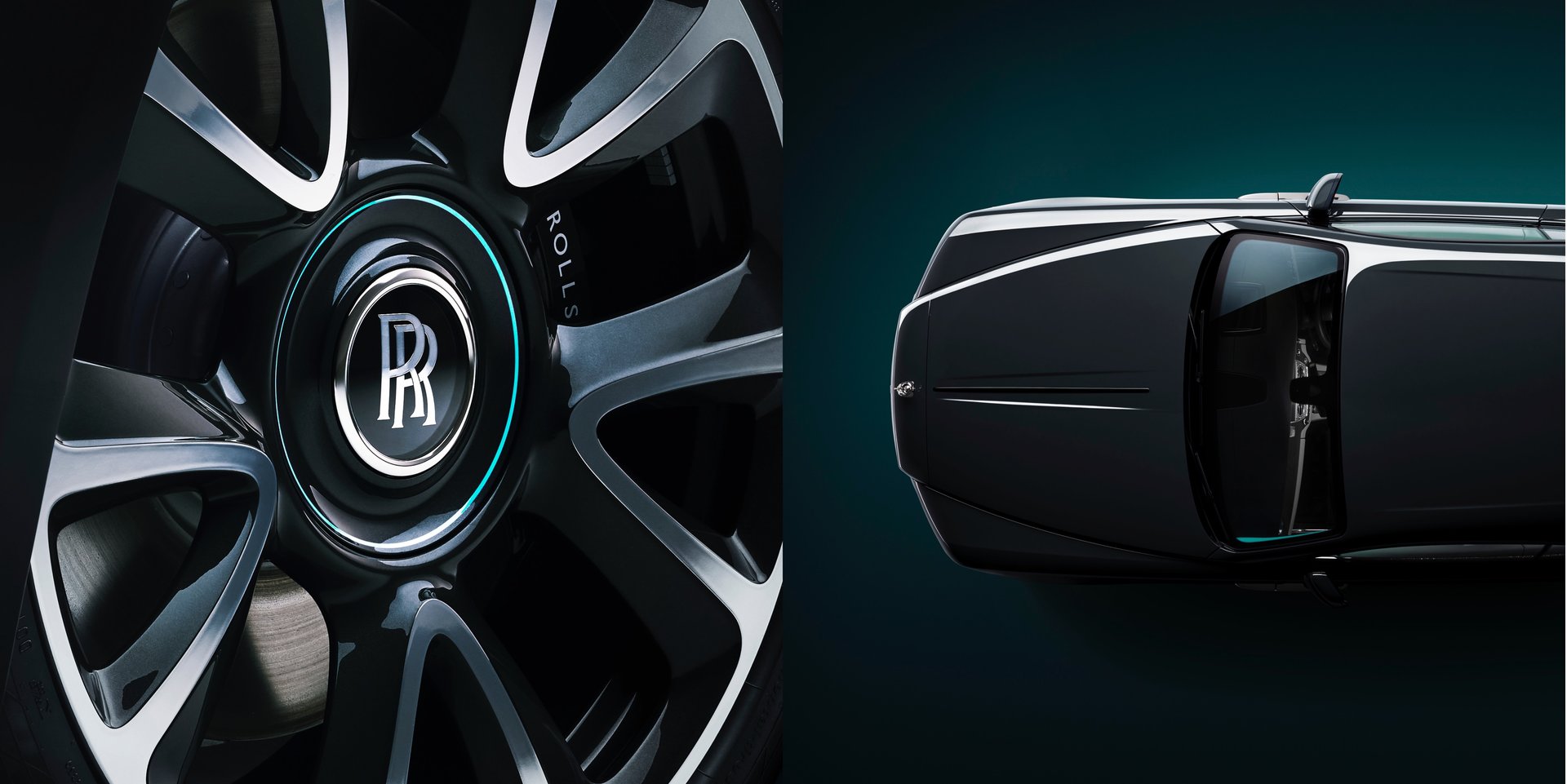 Images of wheel detail and overhead view of the Rolls-Royce Wraith Kryptos motor car