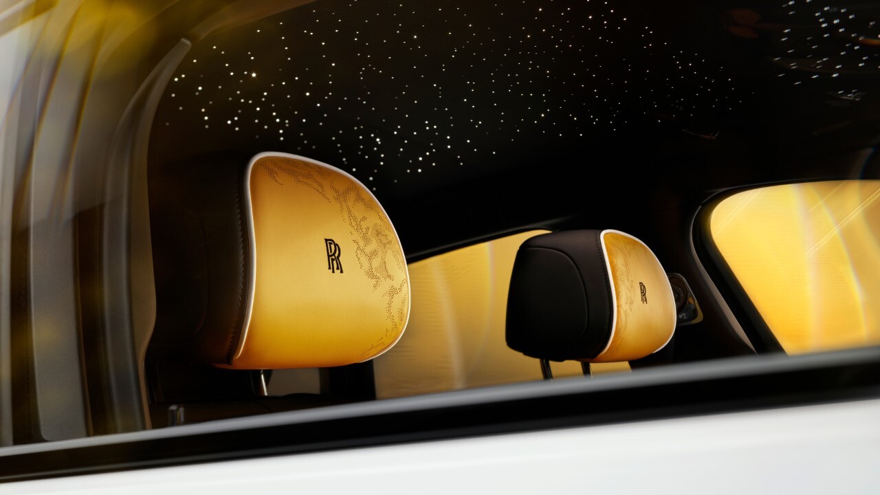 Close up shot of the Black Badge Cullinan Series II yellow and black head rests'.