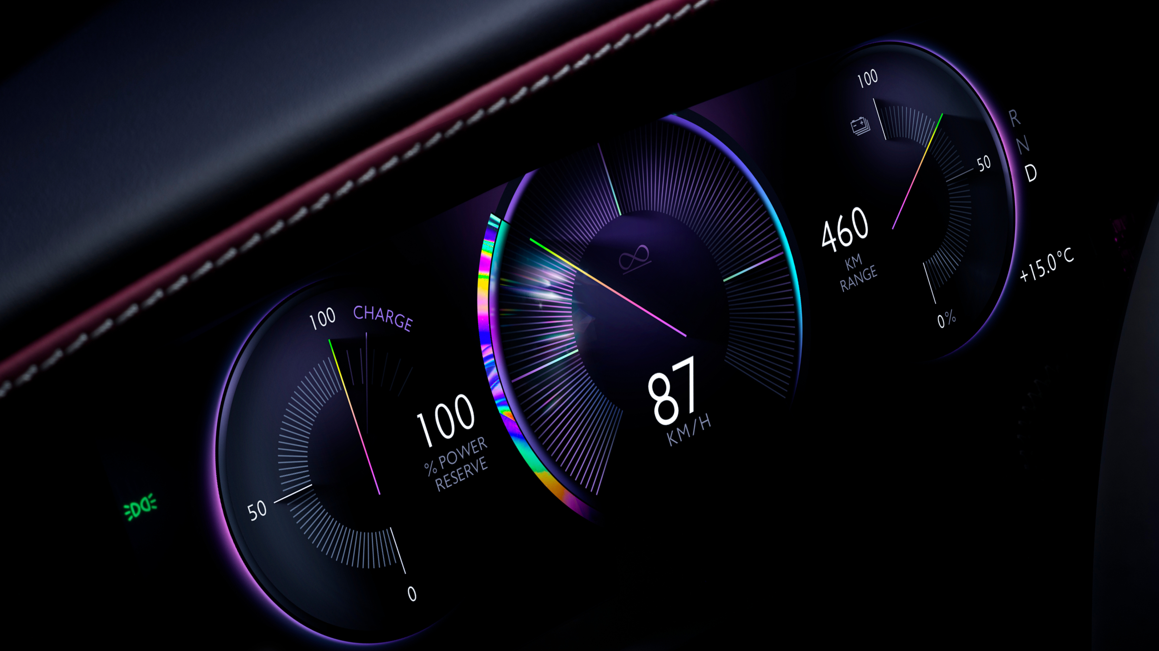 Close up shot of the Black Badge Spectre speedometer, showcasing the beautiful multi colour functionality. 
