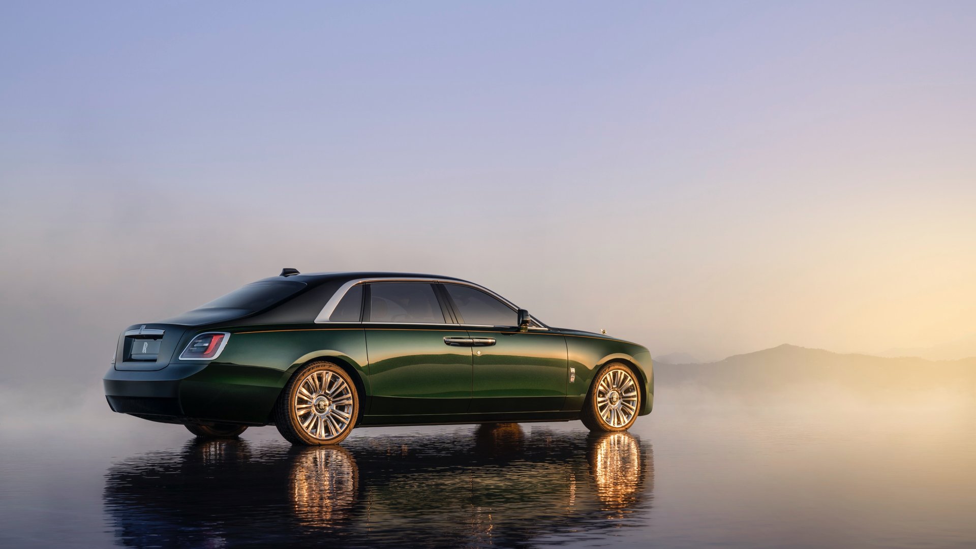 Exterior view of Rolls-Royce Ghost EWB motor car in ethereal, expansive landscape