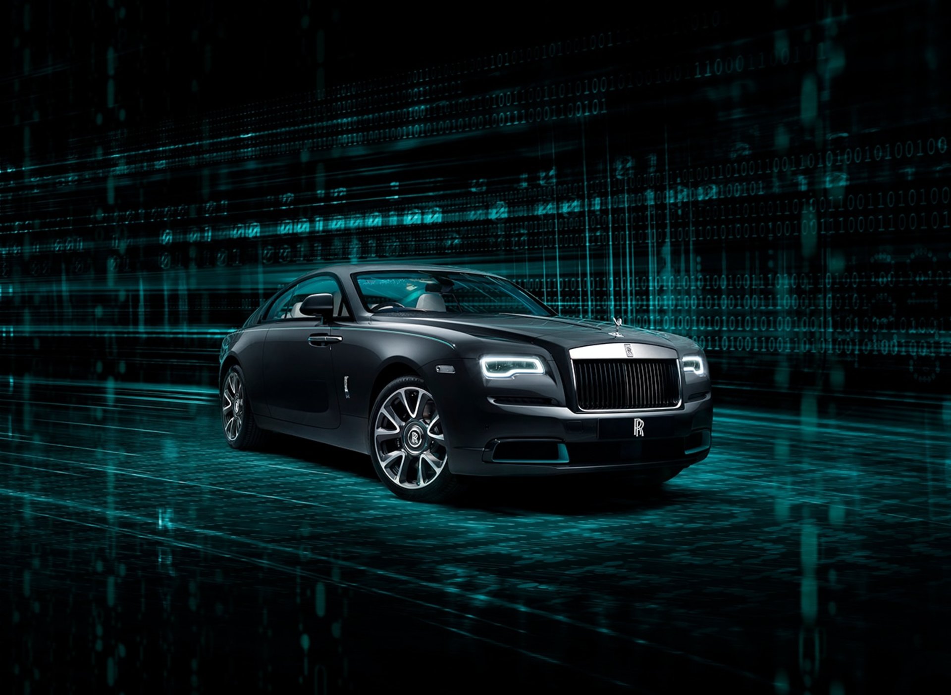 3/4 front image of Rolls-Royce Wraith Kryptos motor car in futuristic digital setting