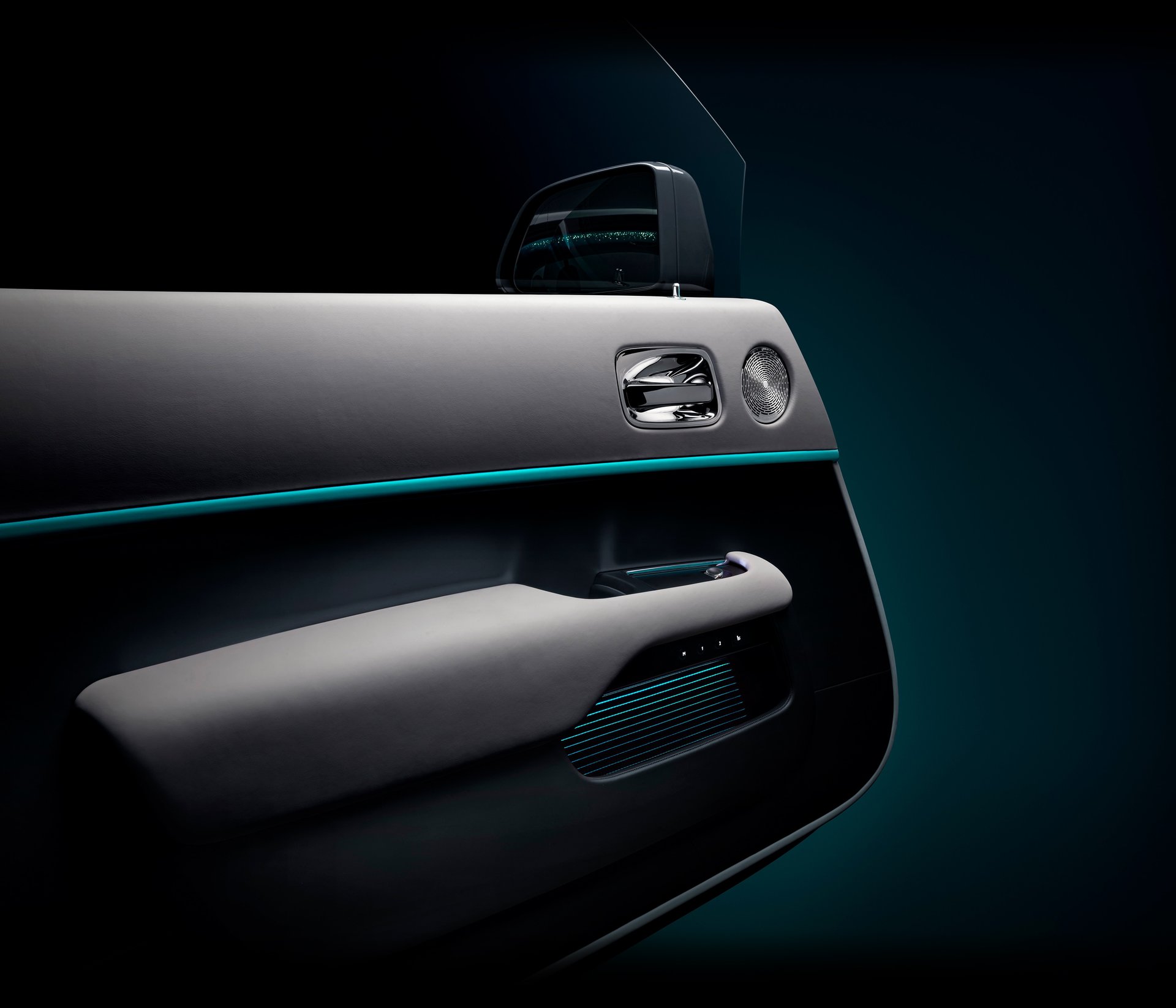 Bespoke interior door details with leather panels and glowing florescent thread in Rolls-Royce Wraith Kryptos motor car