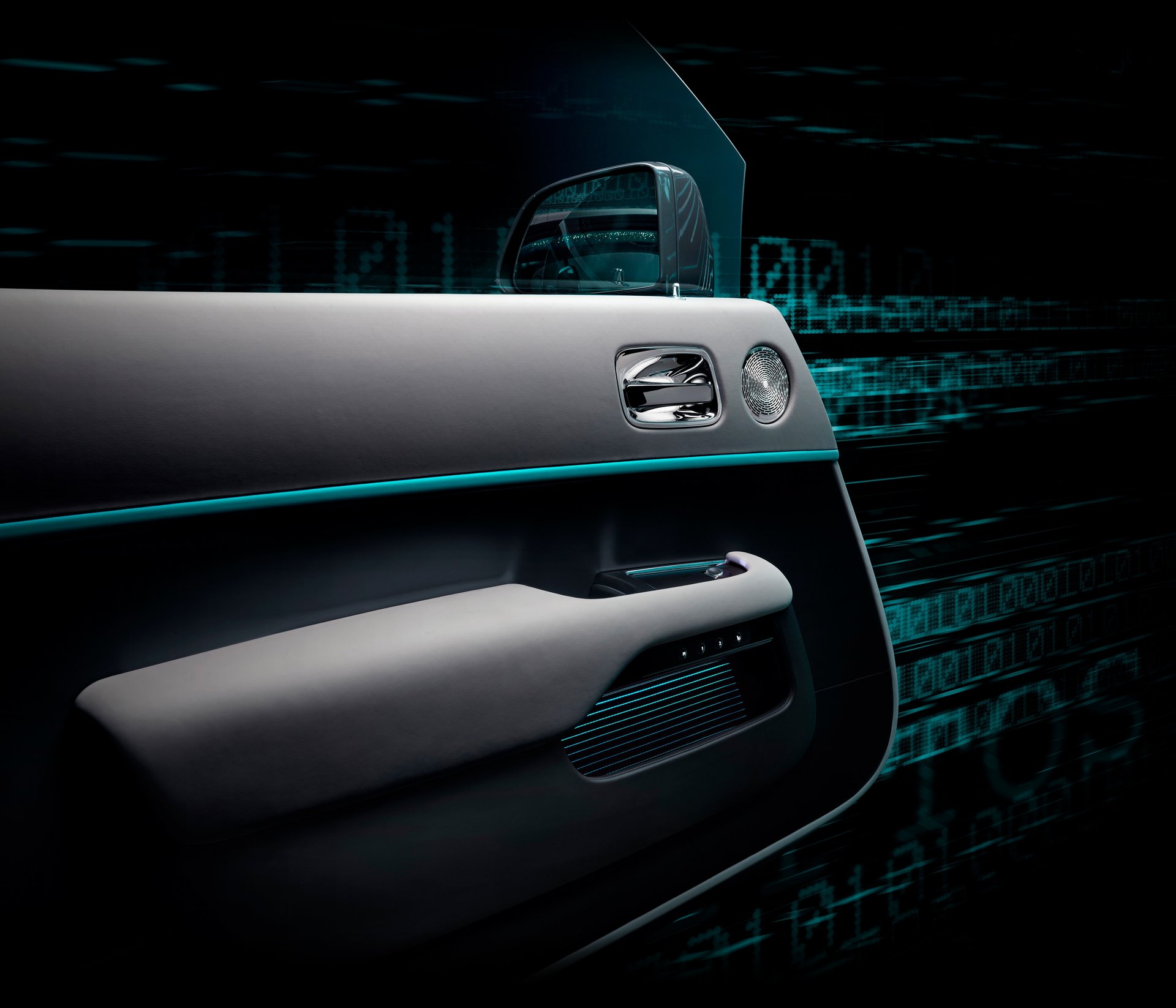 Bespoke interior door details with leather panels and glowing florescent thread in Rolls-Royce Wraith Kryptos motor car