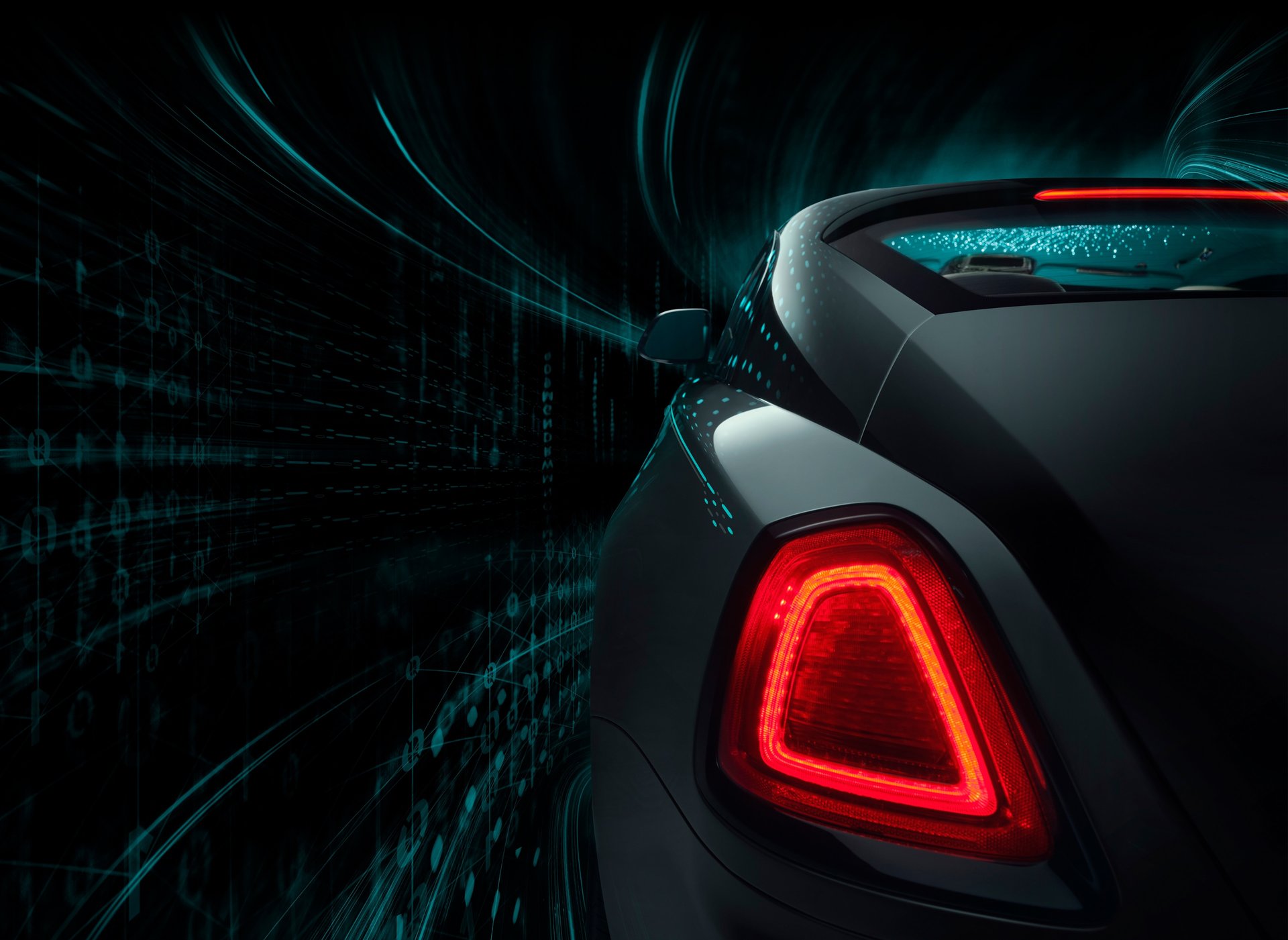 Exterior view of illuminated rear light of bespoke Rolls-Royce Wraith Kryptos motor car