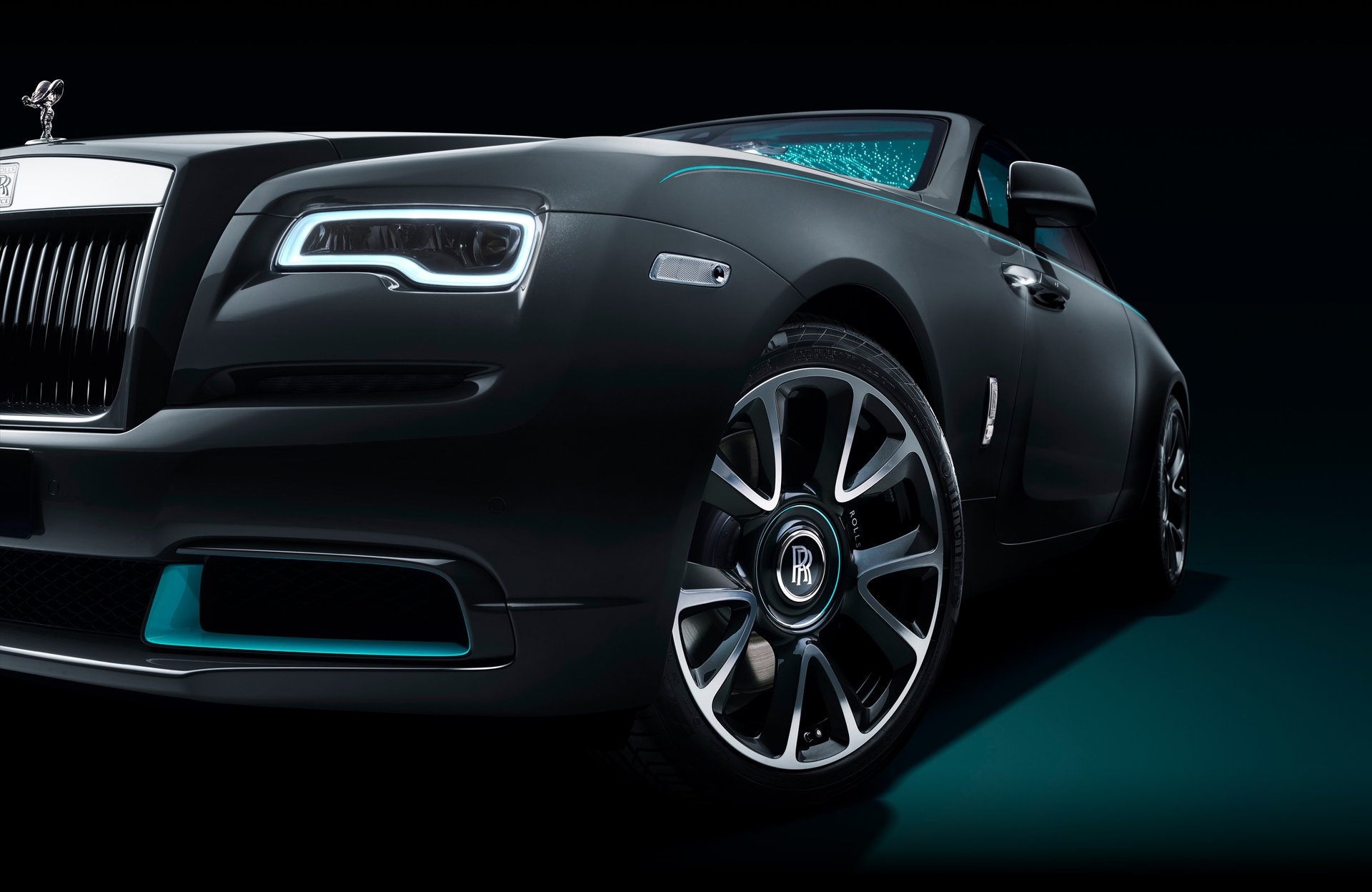 Wheel, headlight and front bumper details of bespoke Rolls-Royce Wraith Kryptos motor car