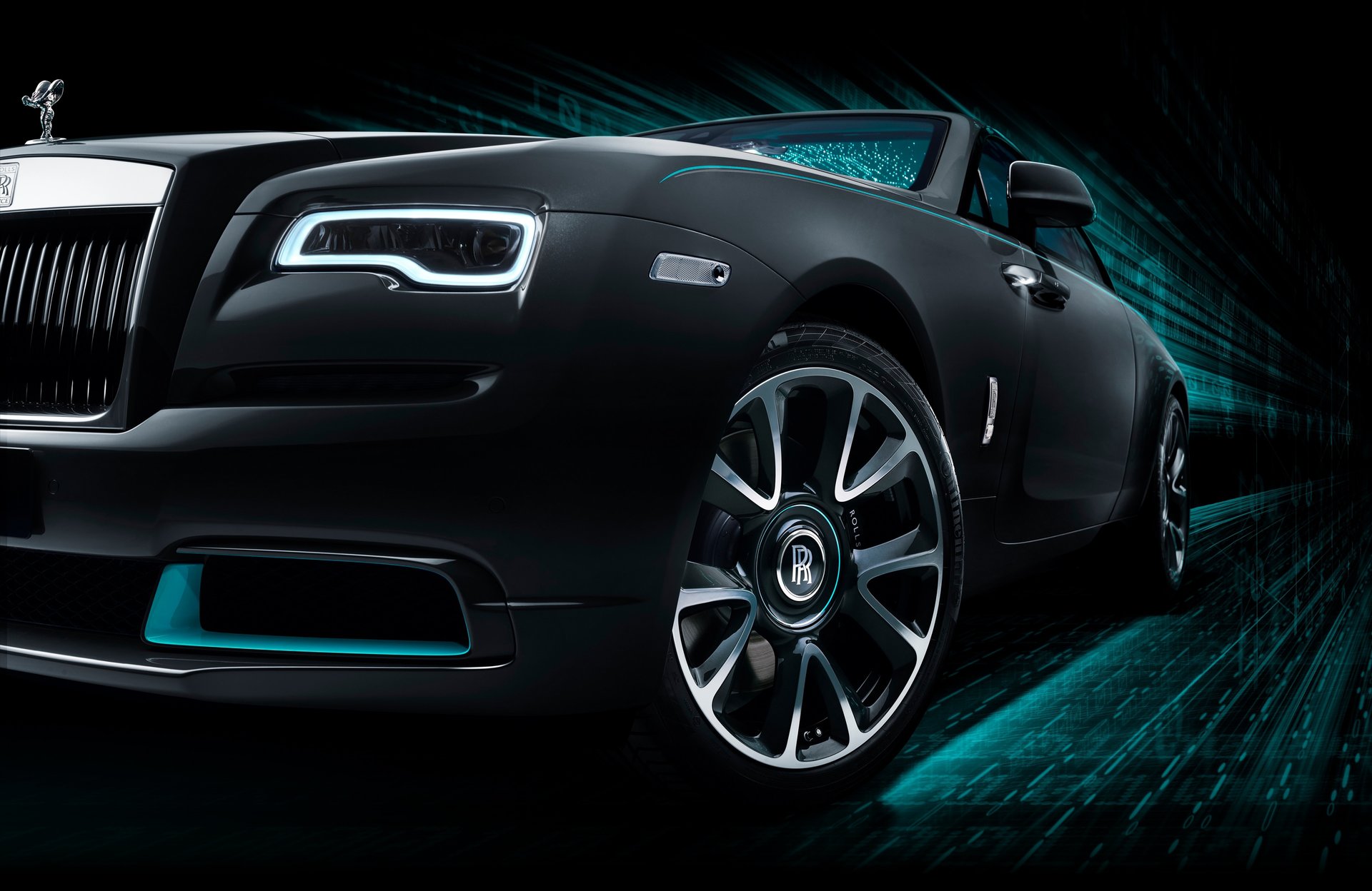 Wheel, headlight and front bumper details of bespoke Rolls-Royce Wraith Kryptos motor car