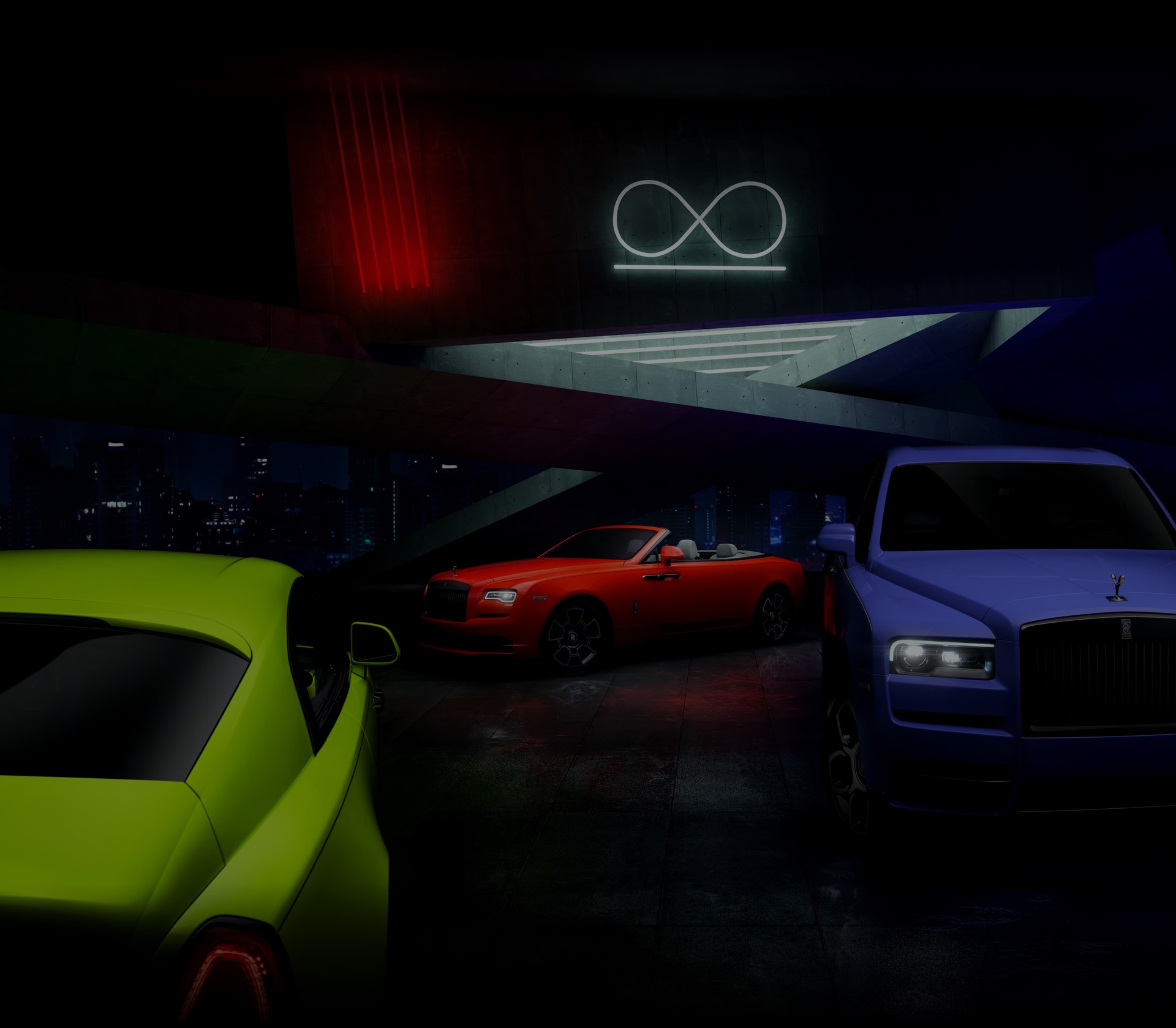 A darkened shot of the Rolls-Royce Neon Nights bespoke collection showing a Cullinan, Wriath and Dawn Black Badge in  Mirabeau Blue, Lime Rock Green and Eagle Rock Red