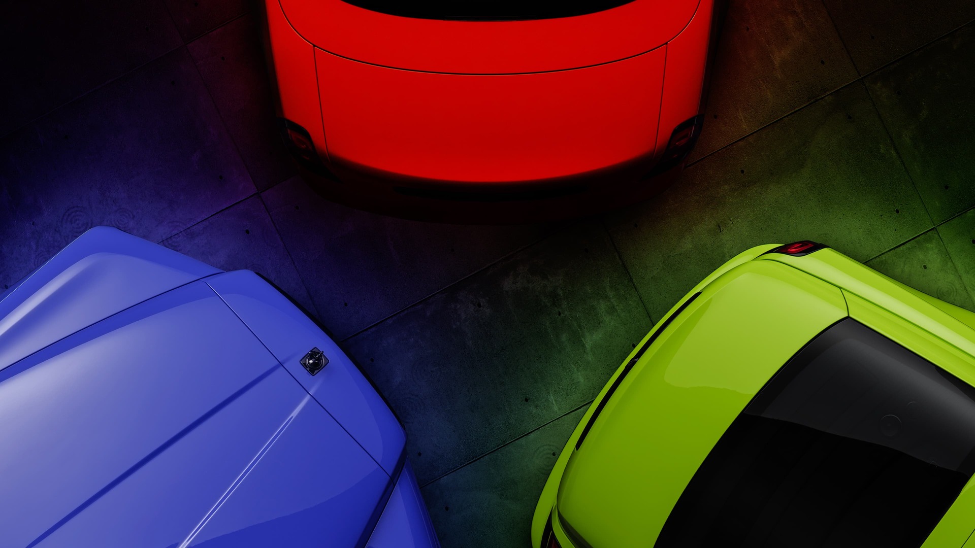 A trio of Rolls-Royce Motor cars from the Black Badge Neon Nights collection in Mirabeau Blue, Lime Rock Green and Eagle Rock Red