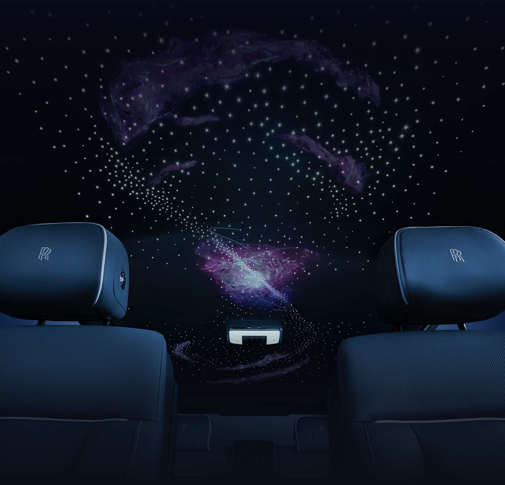 Pulsar Star headliner is a hand-painted, digitally-printed, and embroidered iteration of the iconic Starlight Headliner — replete with fibre-optic lights.