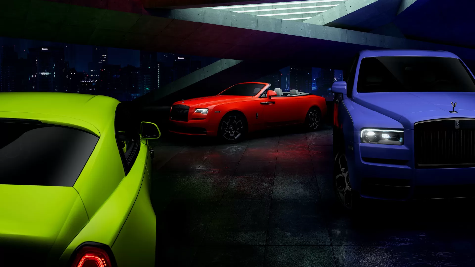 Collection of 3 distinctly coloured Rolls Royce in a neon night backdrop