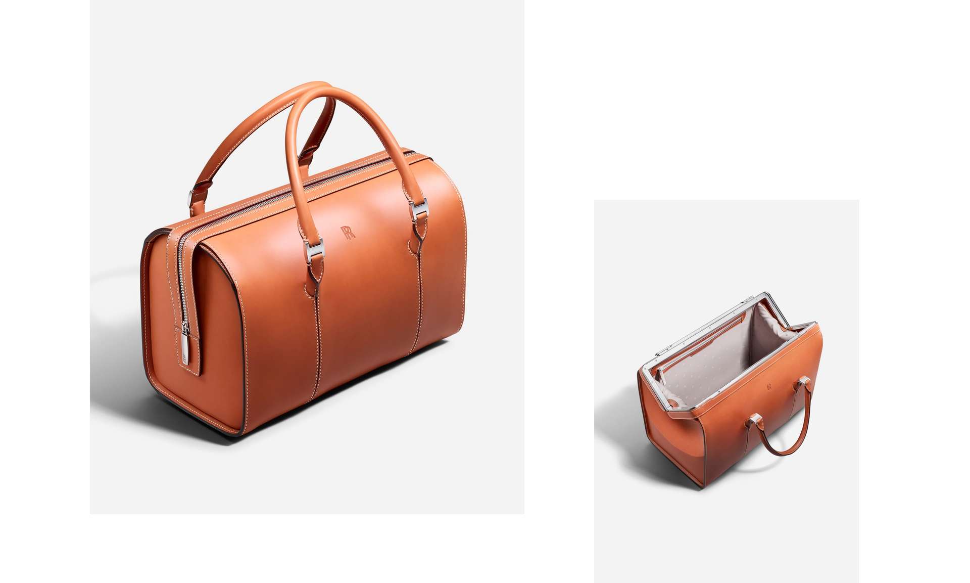 Opened and closed Rolls-Royce Phantom leather luggage bag.