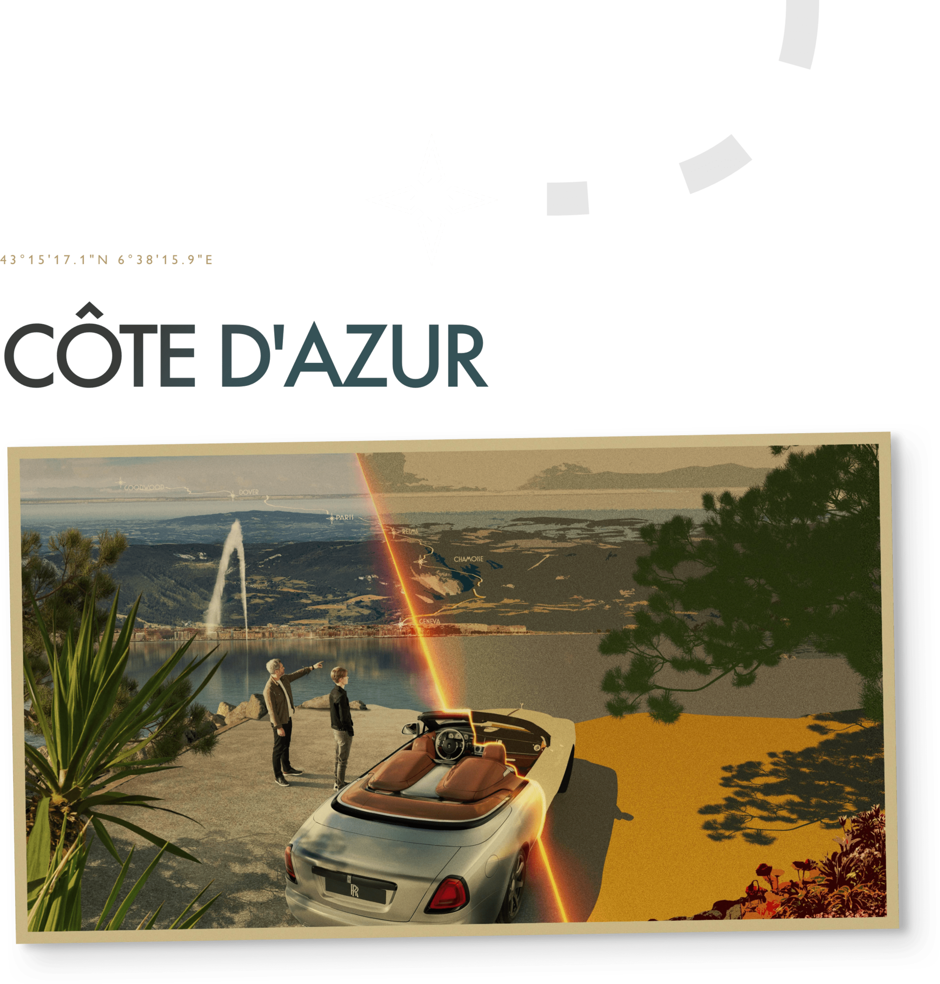 Post card of son and father standing beside Bespoke Rolls-Royce Dawn Silver Bullet motor car looking over the French Riviera