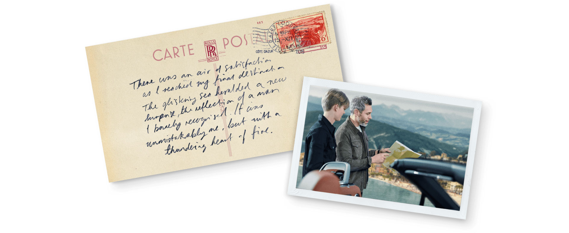 Post card from France and photograph of father and son in French Riviera beside bespoke Rolls-Royce Dawn Silver Bullet motor car