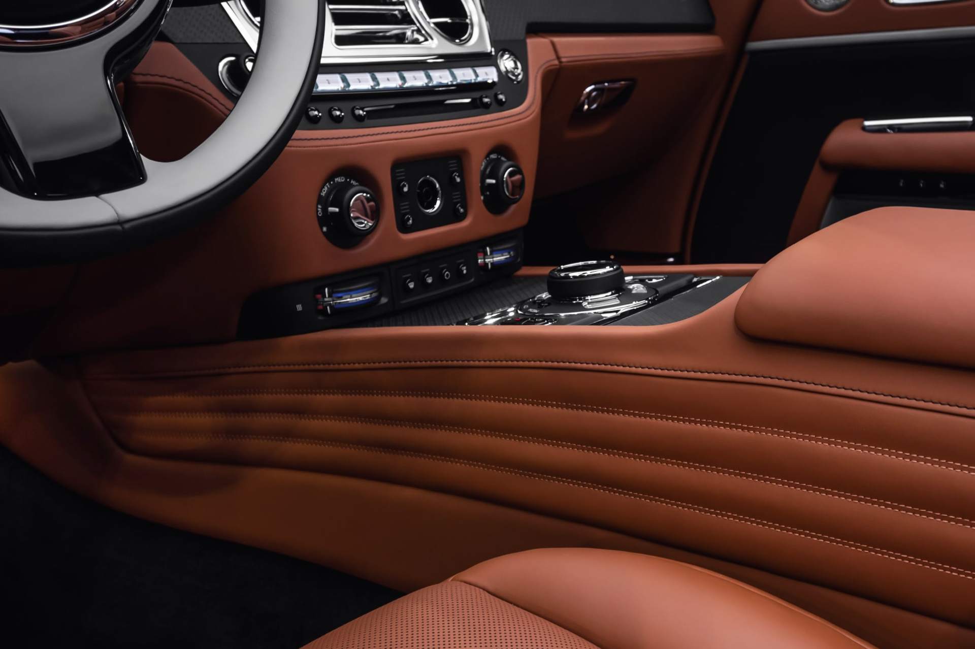 Interior details of the quilted leather tunnel in the bespoke Rolls-Royce Dawn Silver Bullet motor car
