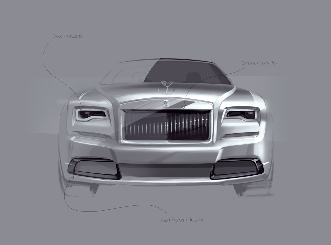 Front view sketch of the bespoke Rolls-Royce Dawn Silver Bullet motor car showcasing dark headlights and a new dark front bumper finisher