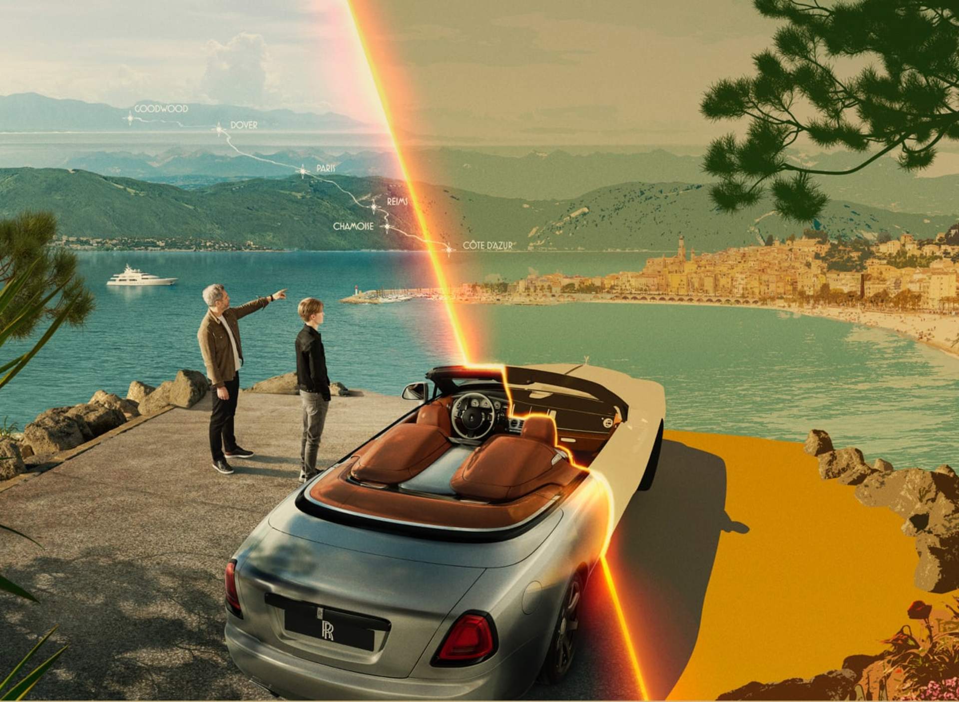Father and son overlook sunny French bay next to parked Rolls-Royce Dawn Silver Bullet motor car