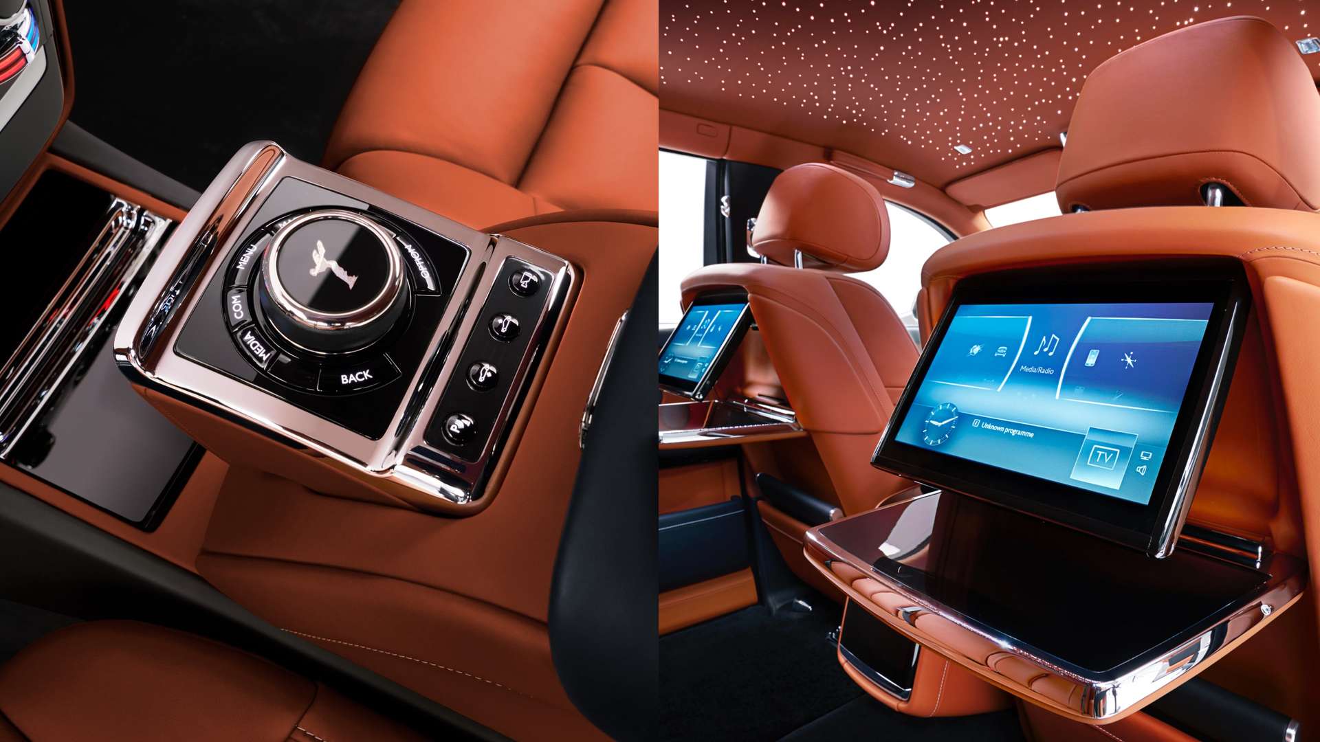 Interior of the centre console and entertainment screens in the rear seats of a Rolls-Royce Motor Car.